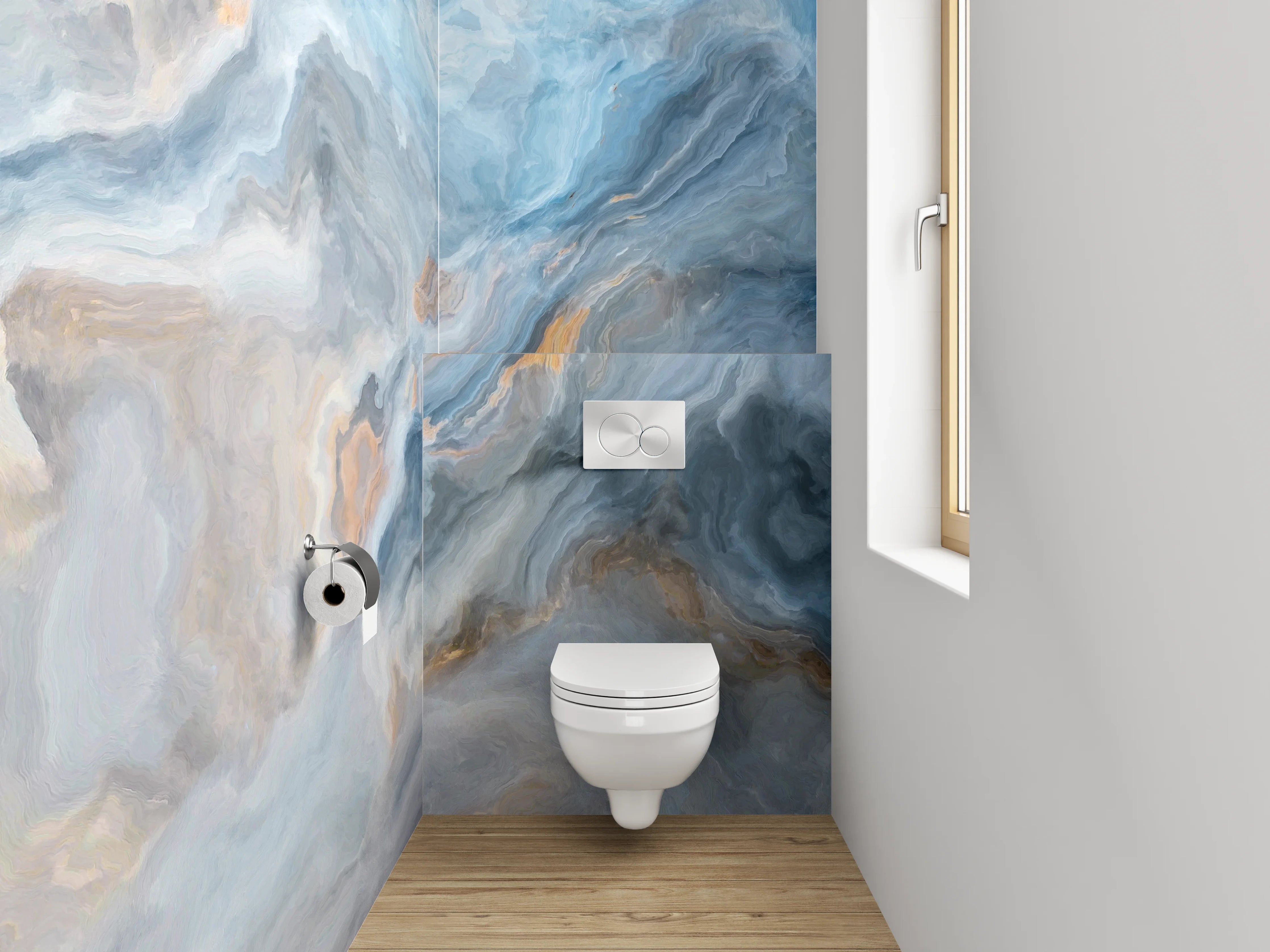 WC-Rückwand - Abstrakte Marmor-Optik in Blau und Beige