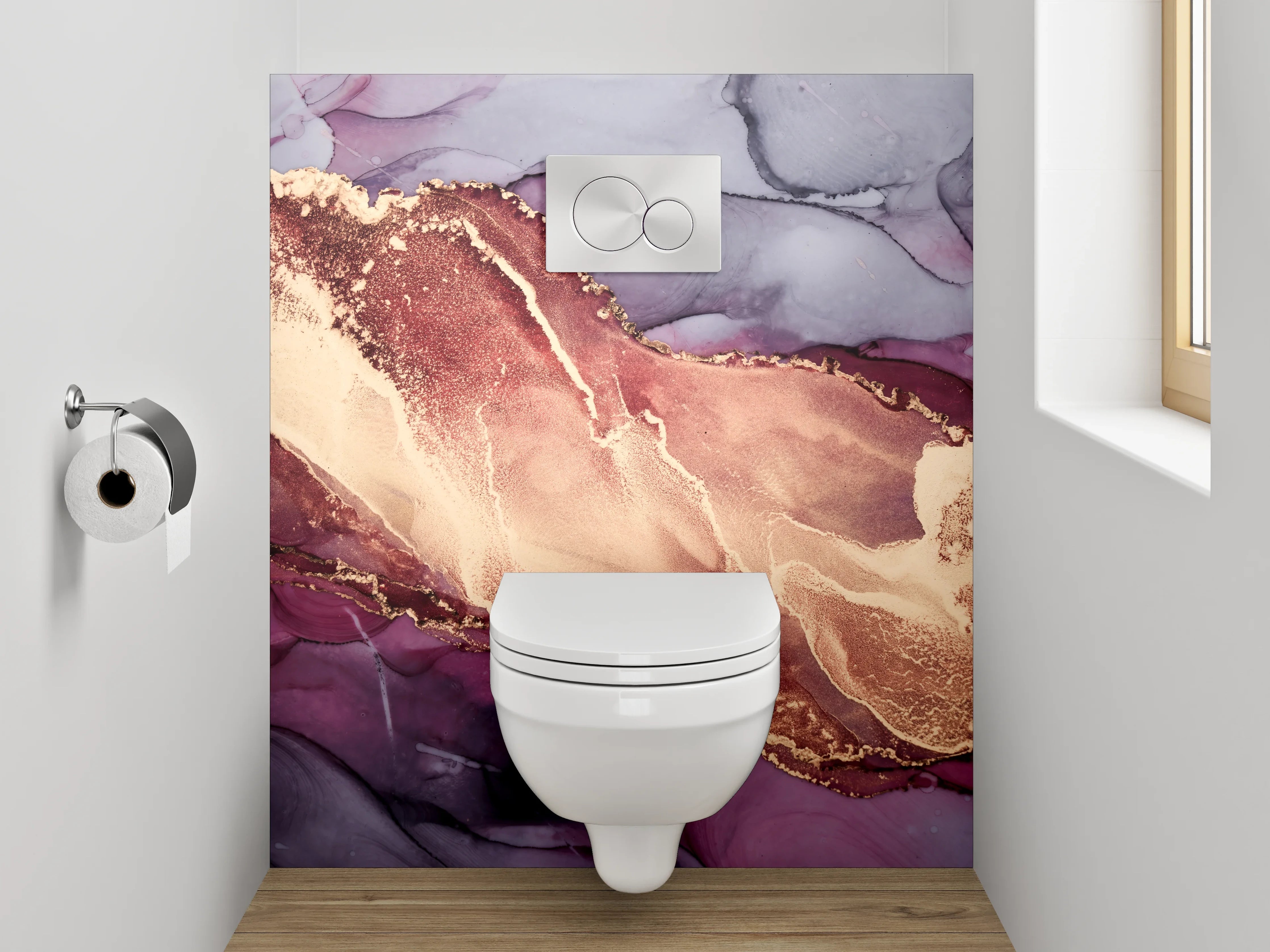 WC-Rückwand - Abstrakte Marmor-Optik in Gold und Lila