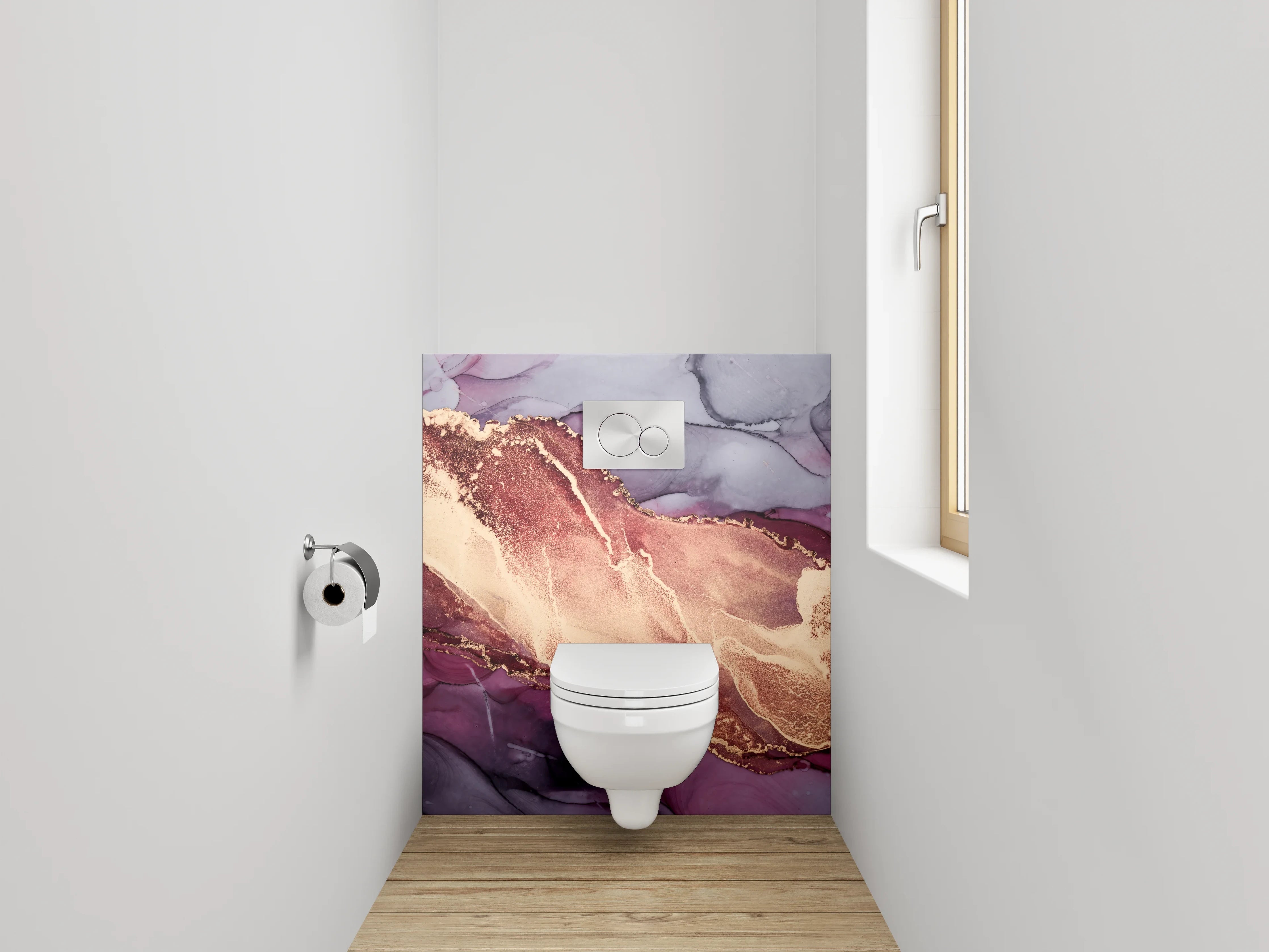 WC-Rückwand - Abstrakte Marmor-Optik in Gold und Lila