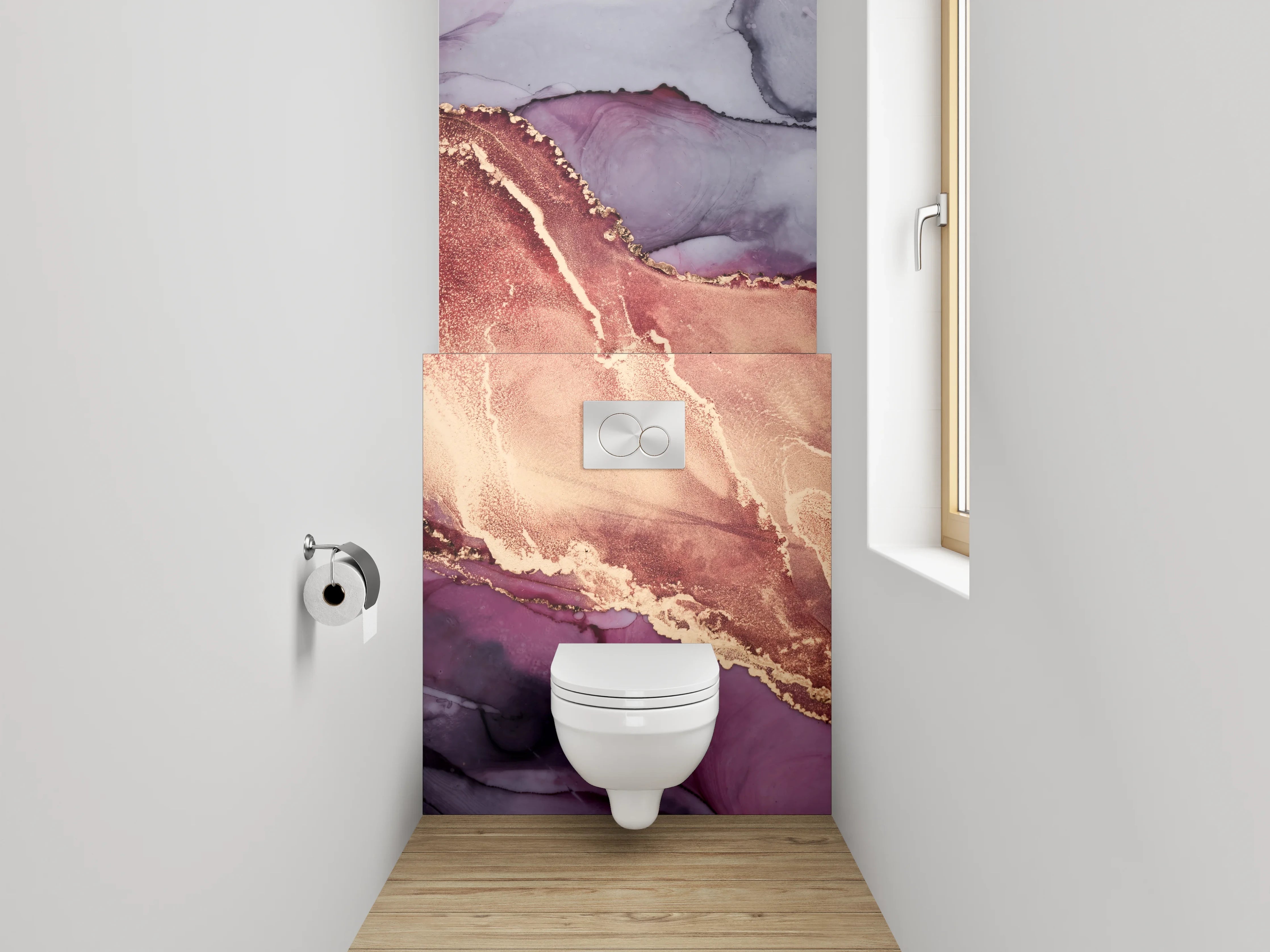 WC-Rückwand - Abstrakte Marmor-Optik in Gold und Lila