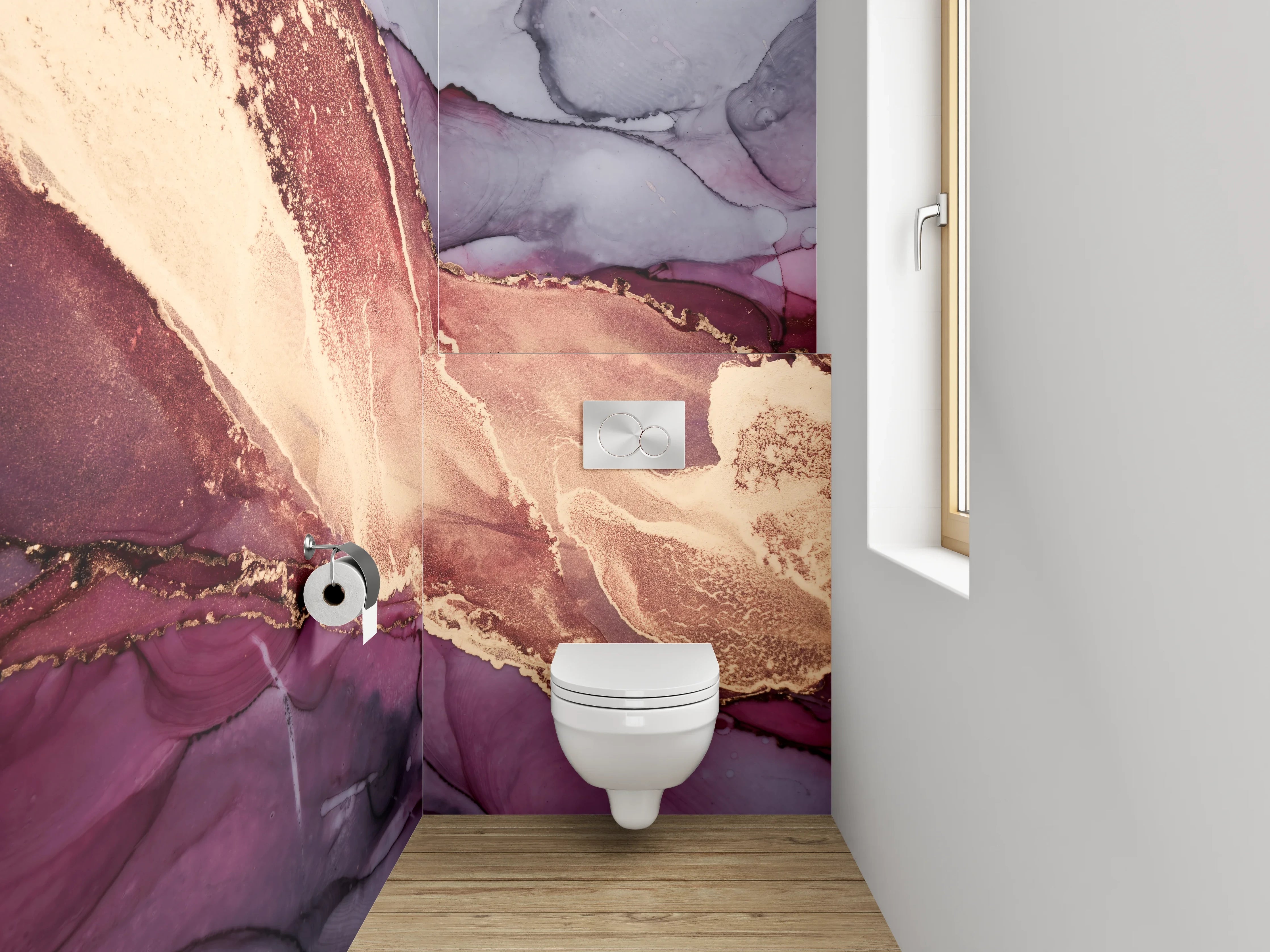 WC-Rückwand - Abstrakte Marmor-Optik in Gold und Lila