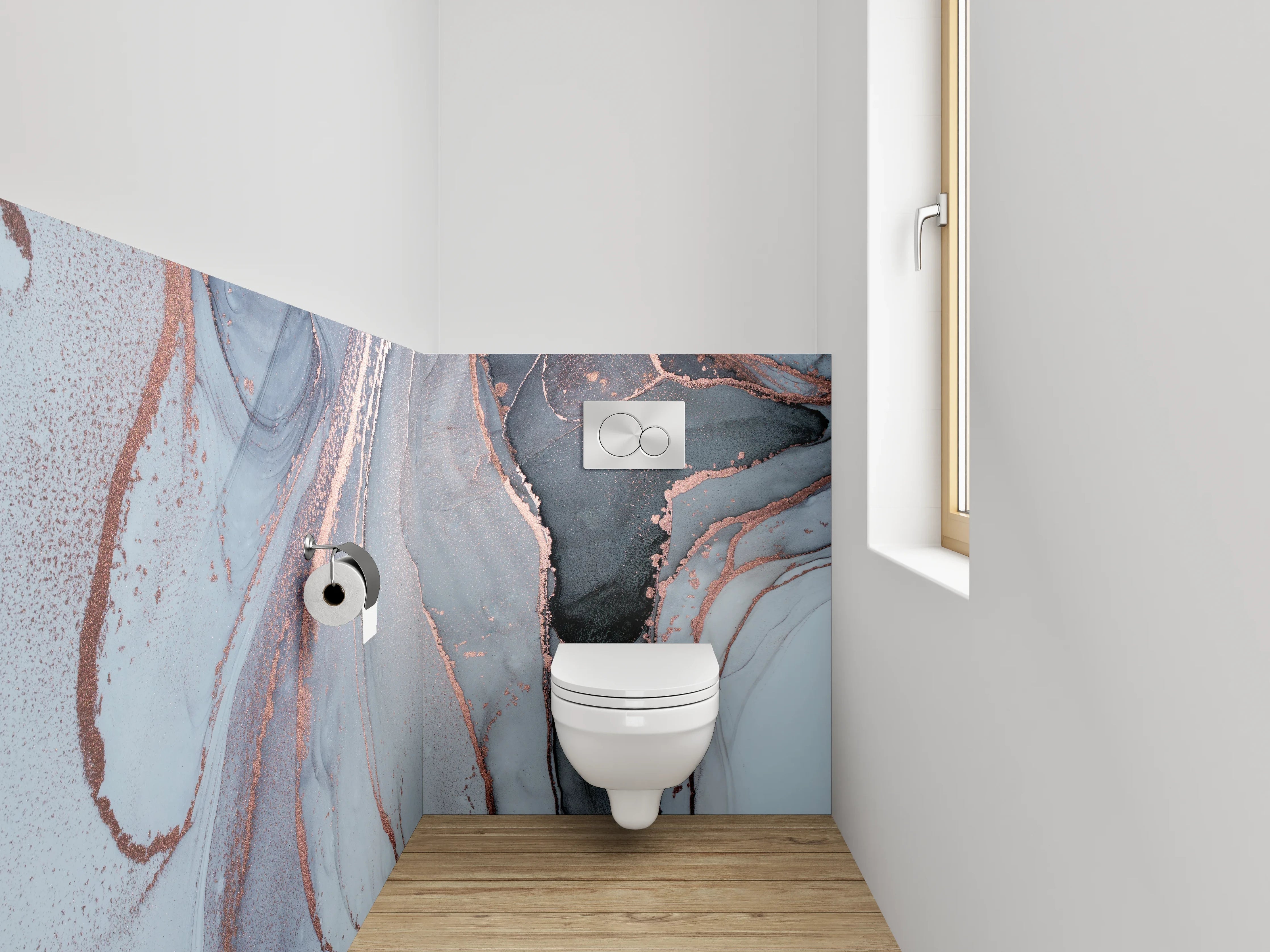 WC-Rückwand - Abstrakte Marmor-Optik in Weiß und Grau