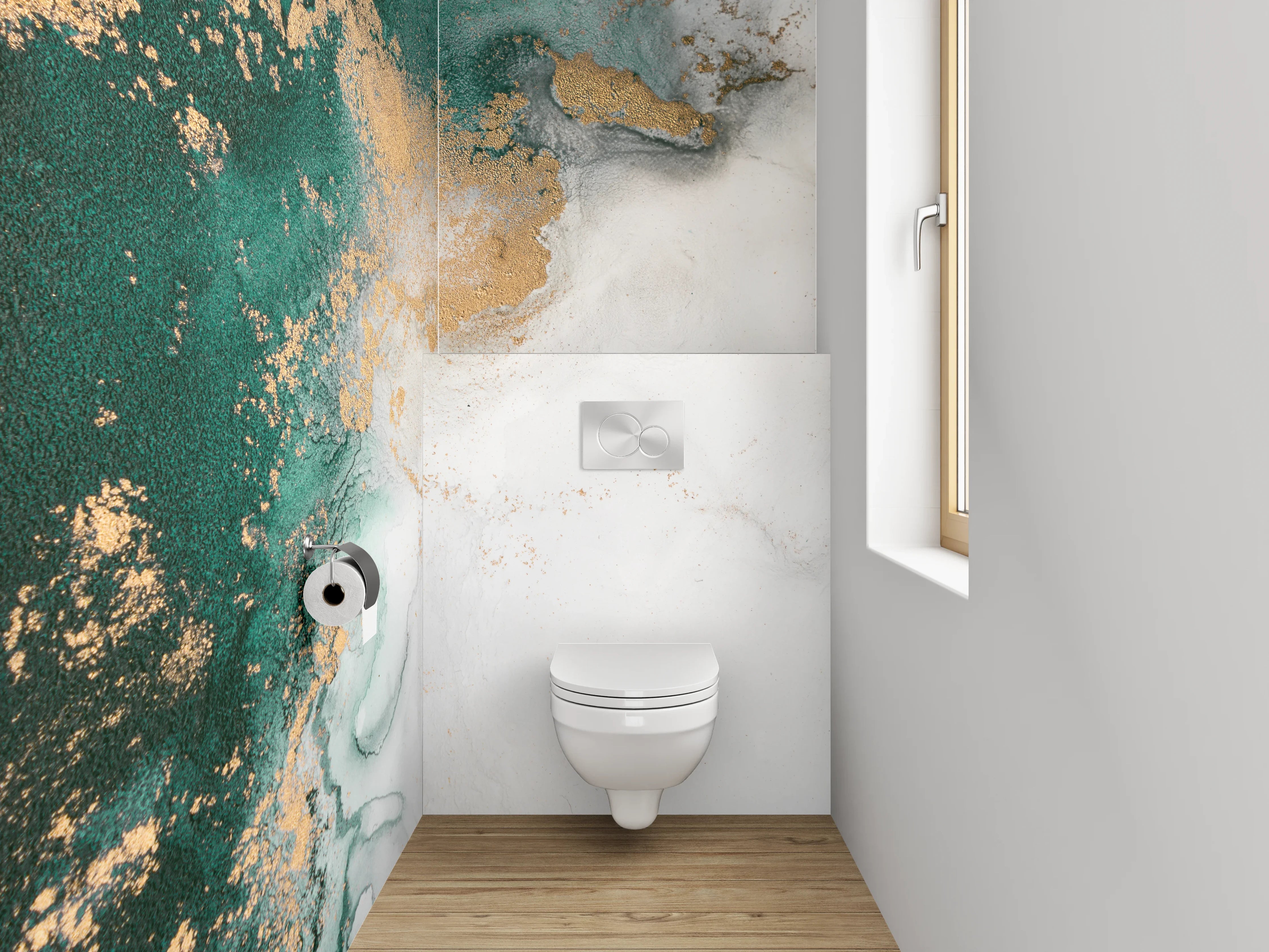 WC-Rückwand - Abstrakte Marmor-Optik in Weiß und Grün