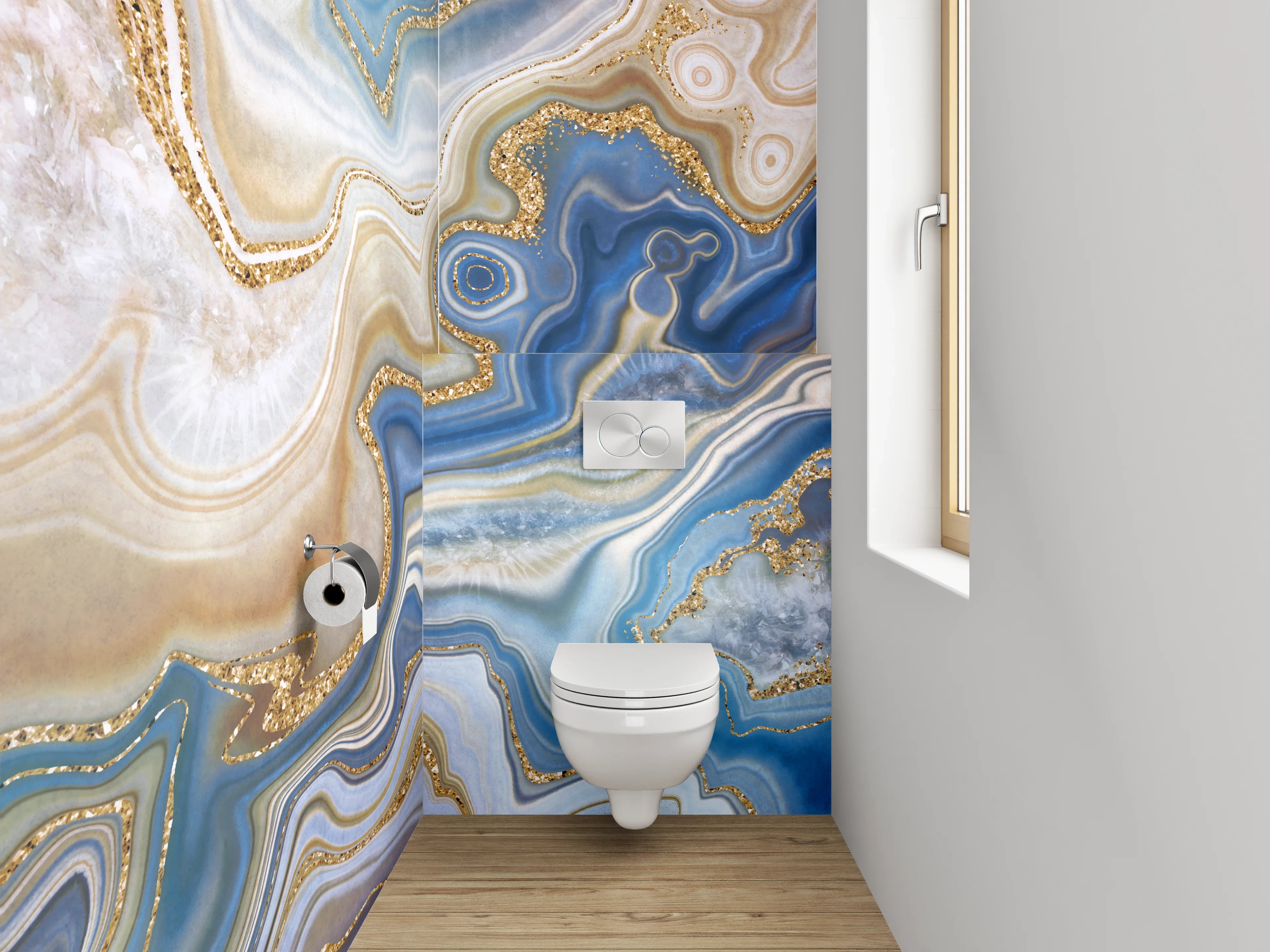 WC-Rückwand - Abstrakte Marmor-Optik mit Goldakzenten