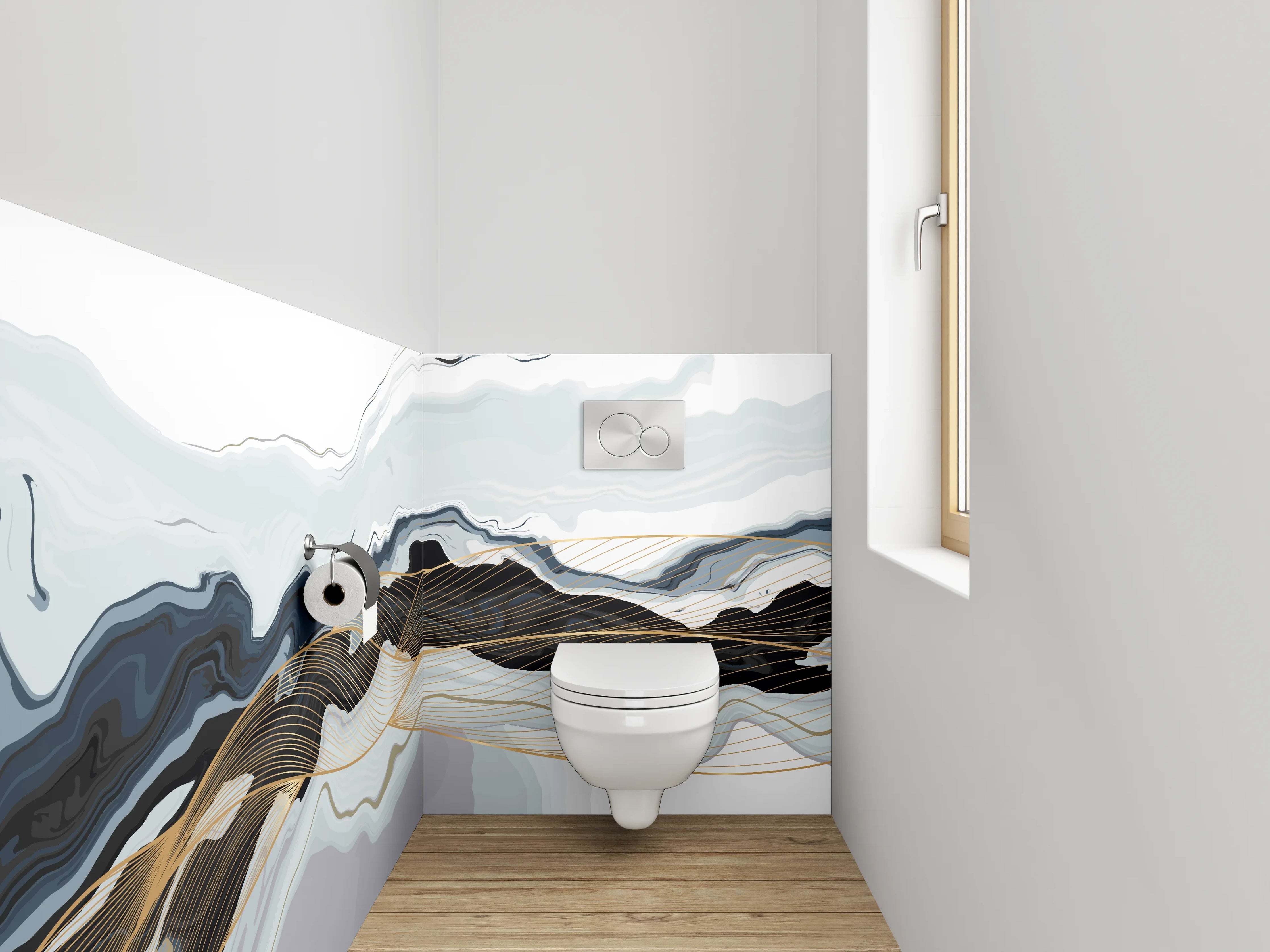 WC-Rückwand - Abstrakte Marmor-Wellen in Weiß und Gold