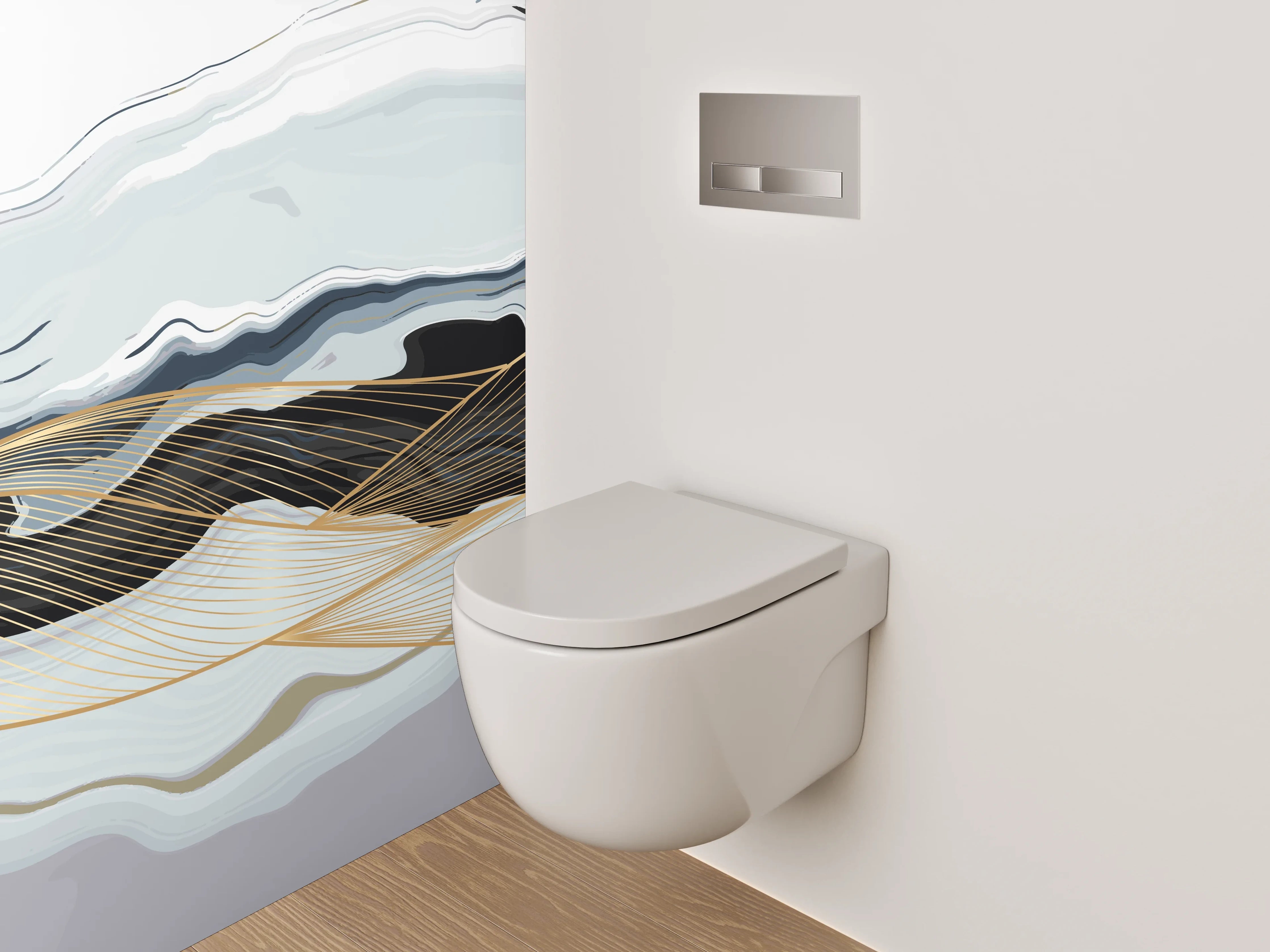 WC-Rückwand - Abstrakte Marmor-Wellen in Weiß und Gold