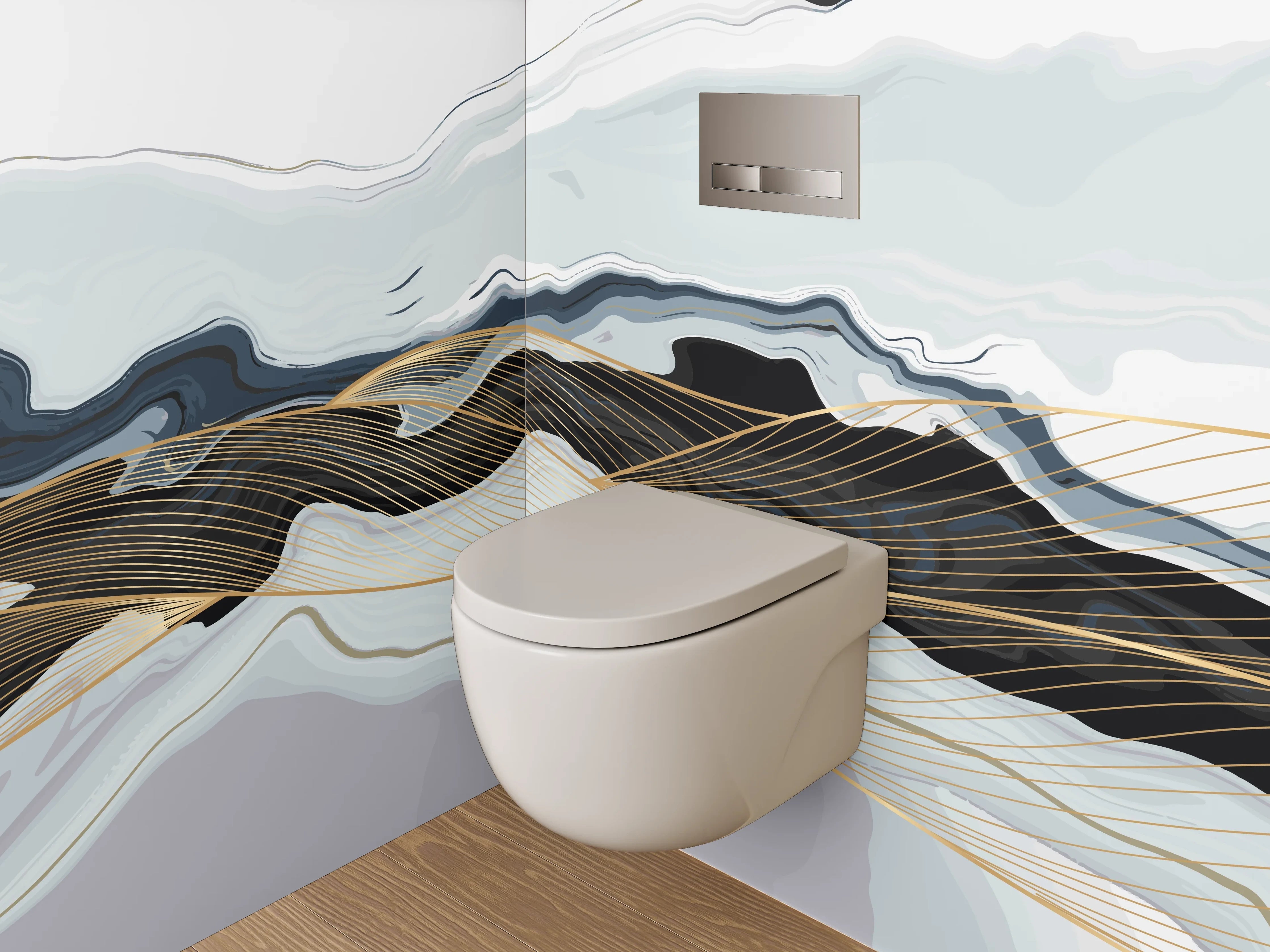 WC-Rückwand - Abstrakte Marmor-Wellen in Weiß und Gold