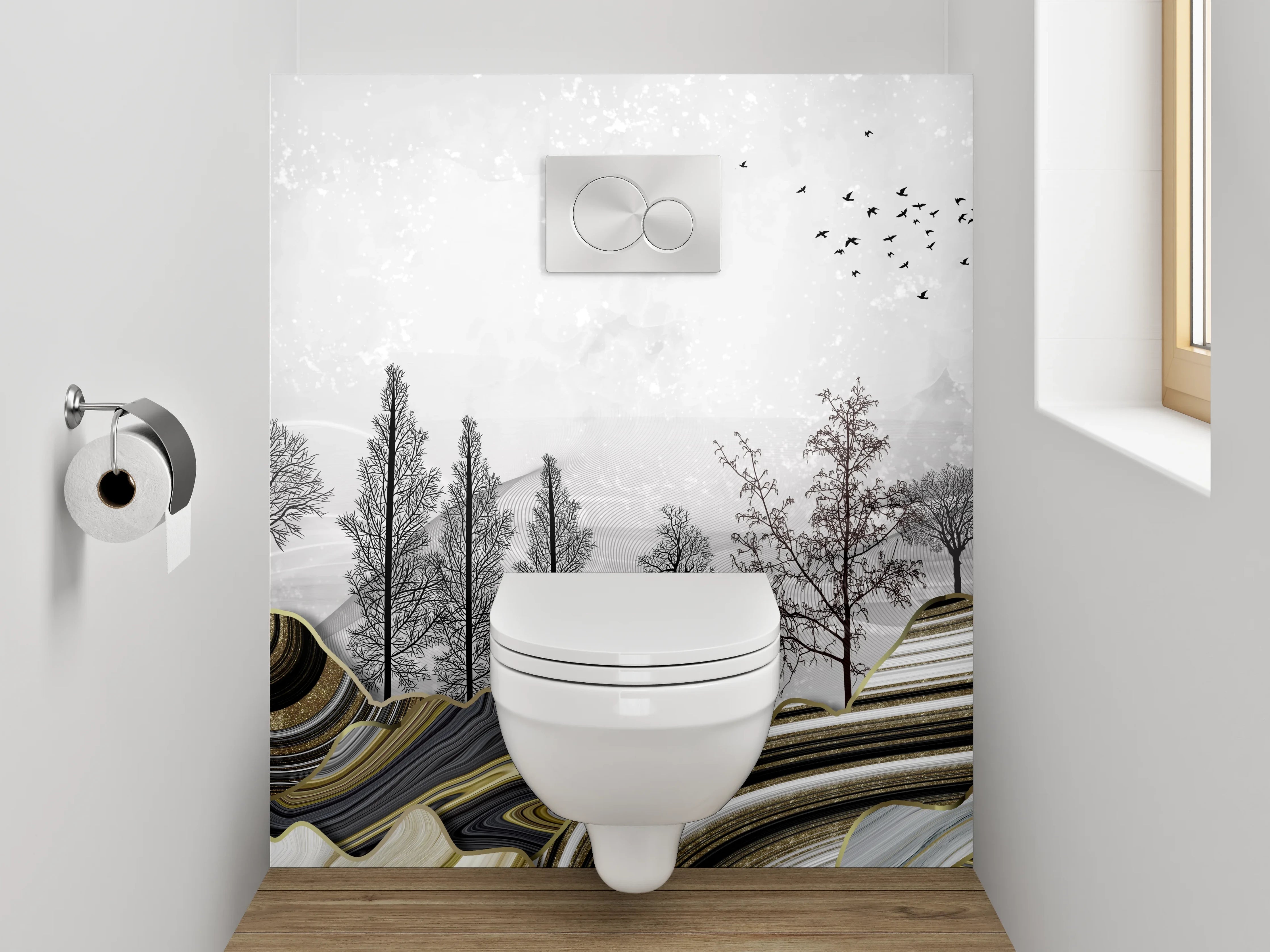 WC-Rückwand - Abstrakte Marmorkunst in Grau und Weiß