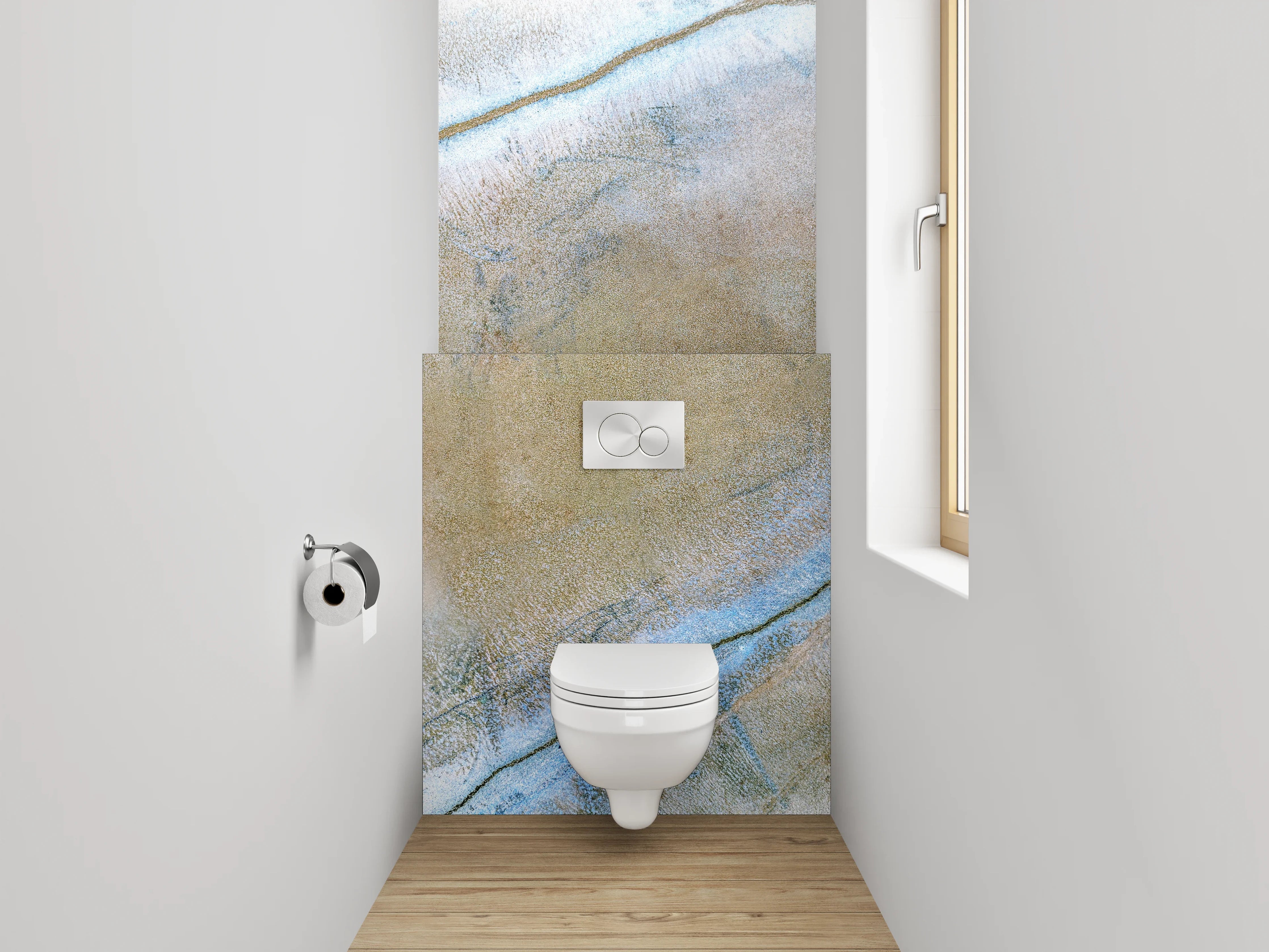 WC-Rückwand - Abstrakte Marmoroptik in Beige-Blau