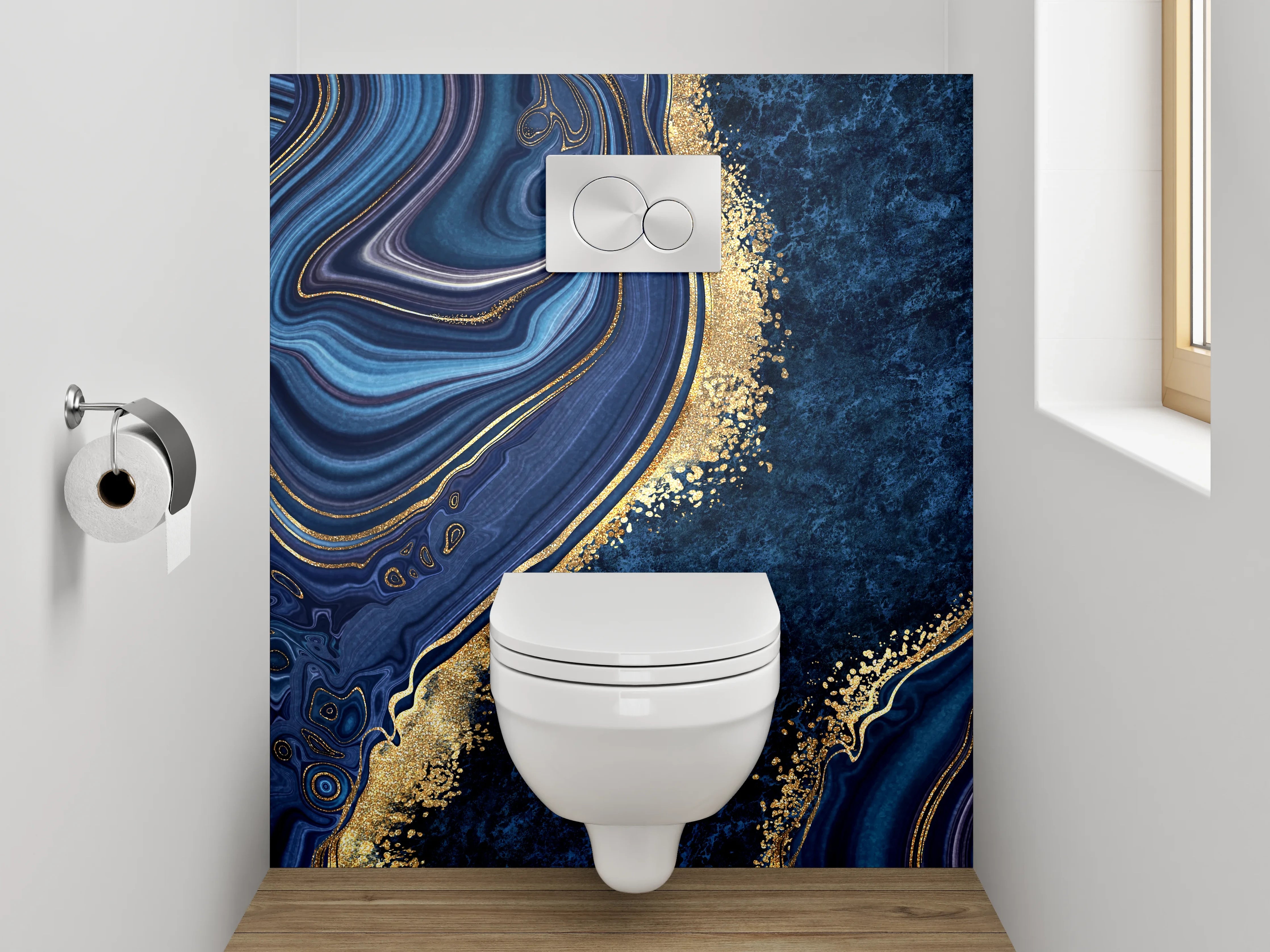 WC-Rückwand - Abstrakte Marmoroptik in Blau und Gold