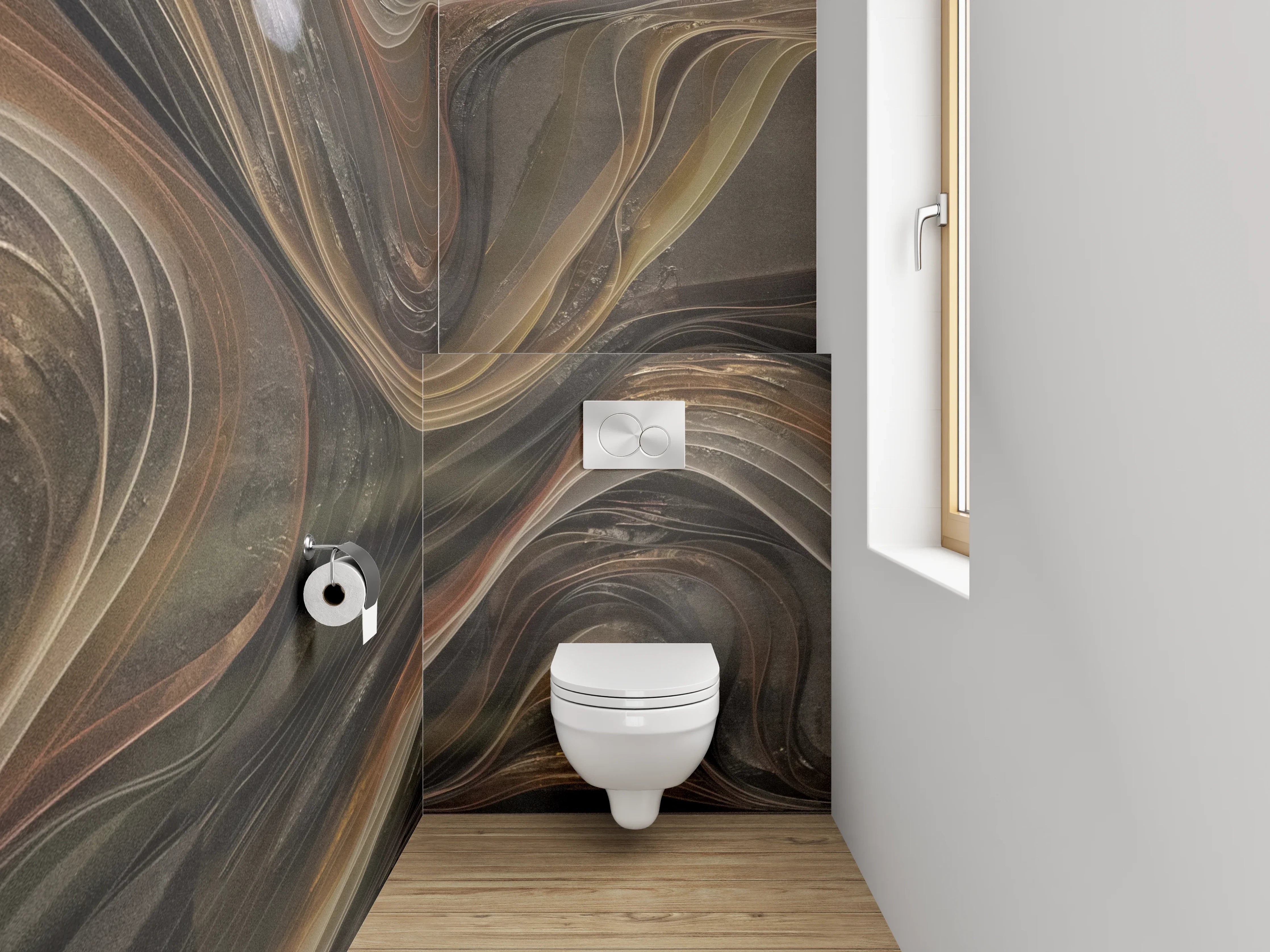 WC-Rückwand - Abstrakte Marmoroptik in Braun-Gold