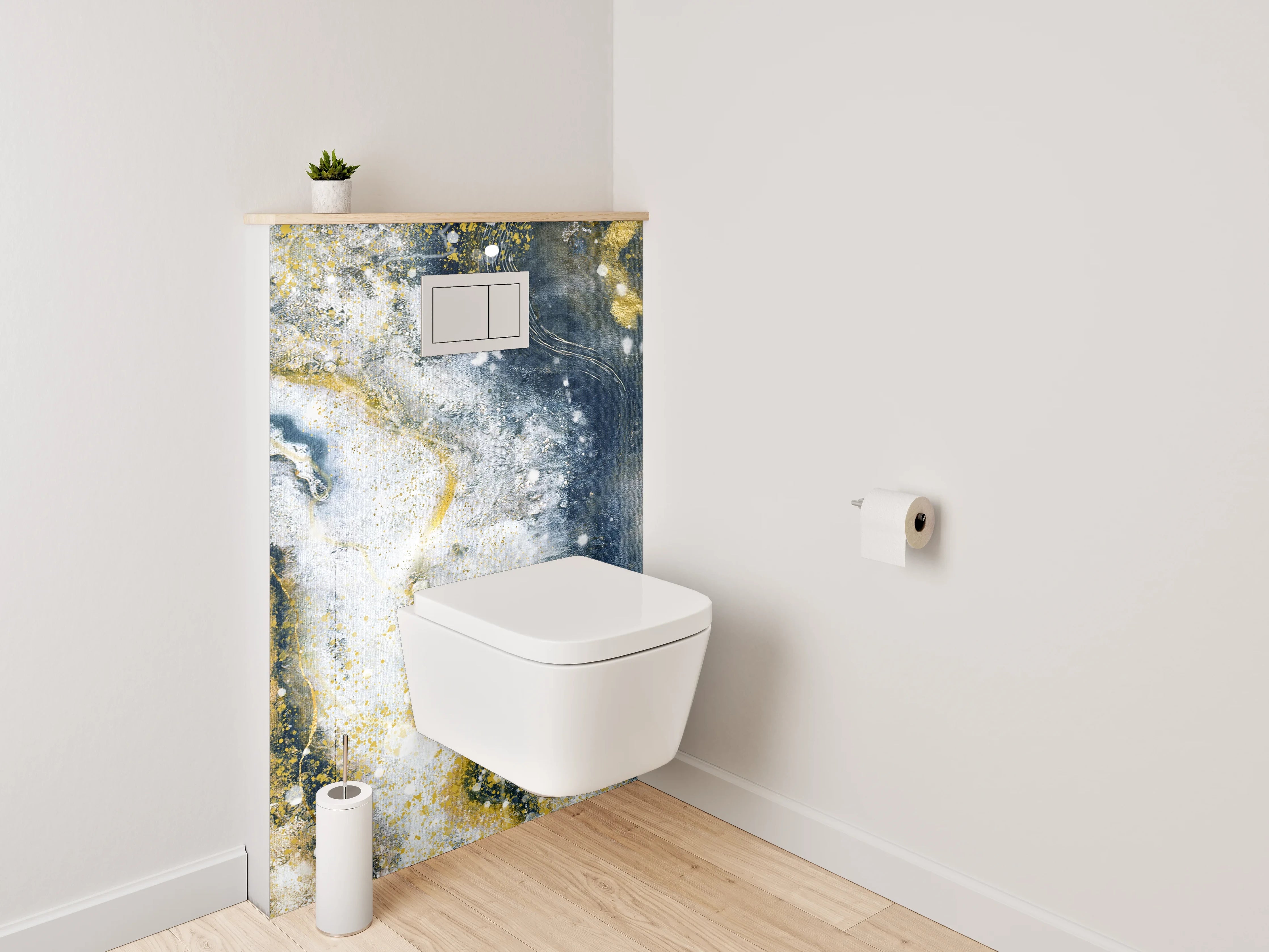 WC-Rückwand - Abstrakte Marmoroptik in Gold und Dunkelblau