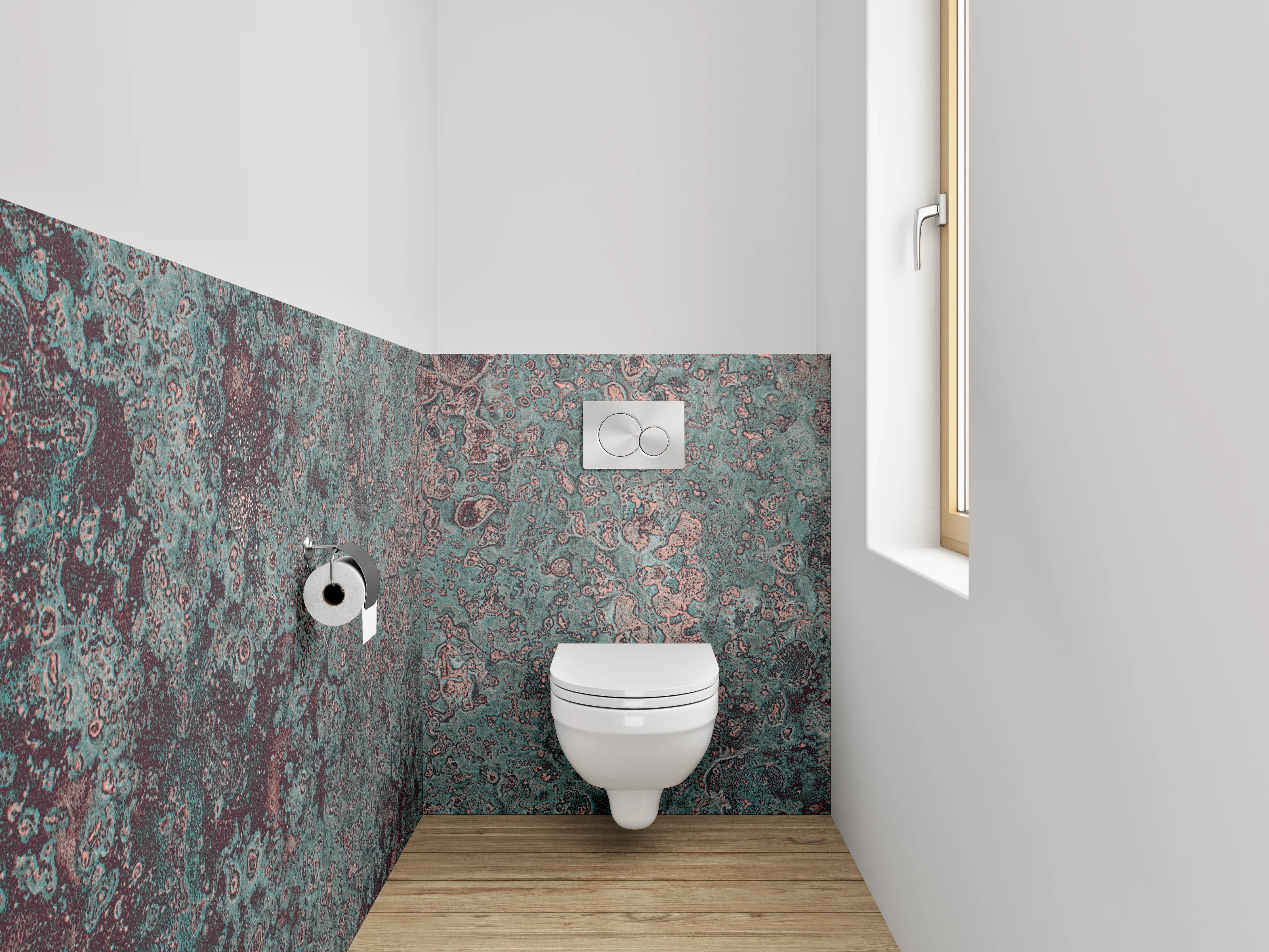 WC-Rückwand - Abstrakte Marmoroptik in Türkis und Rotbraun