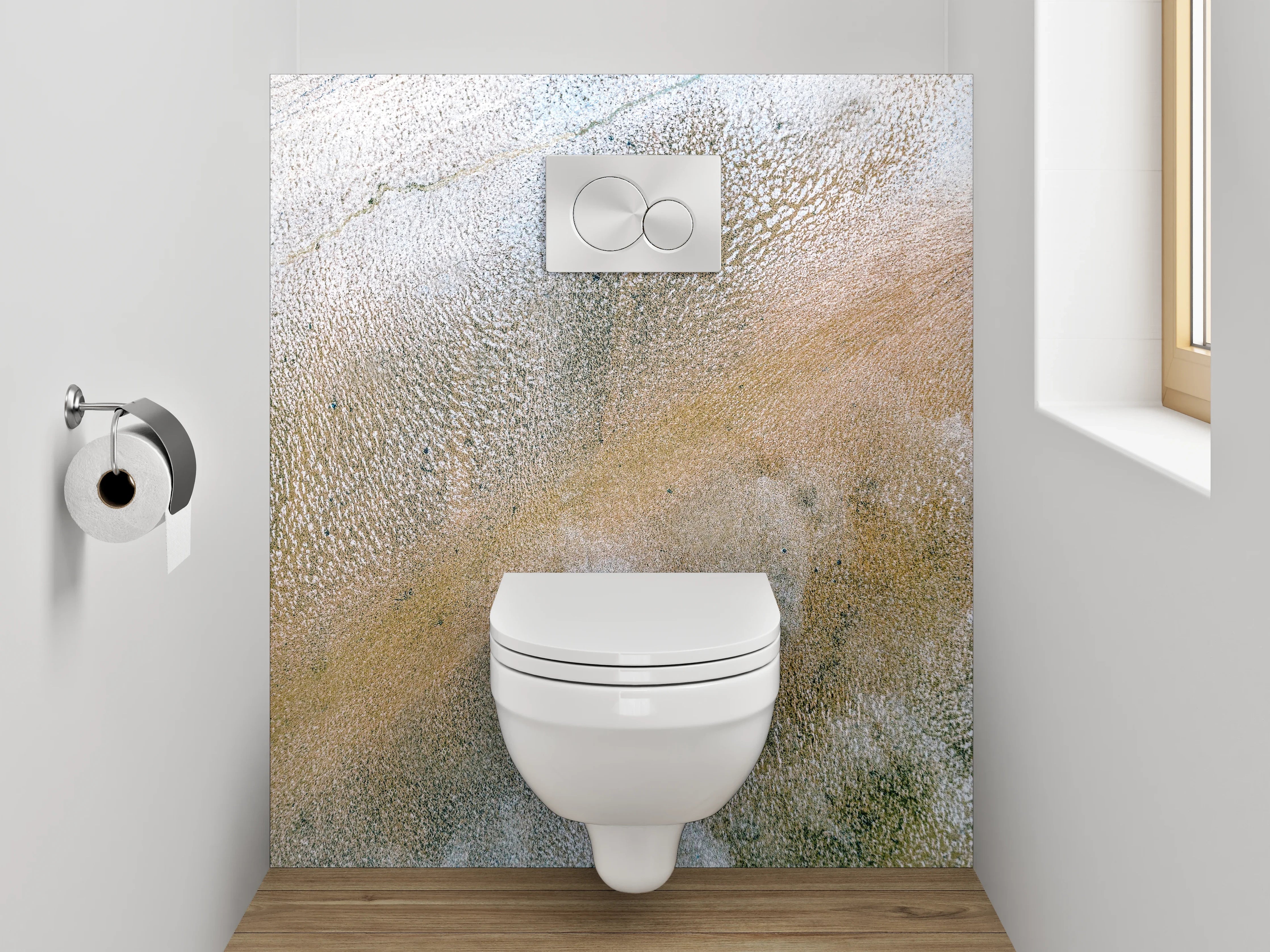 WC-Rückwand - Abstrakte Marmoroptik in Weiß und Beige