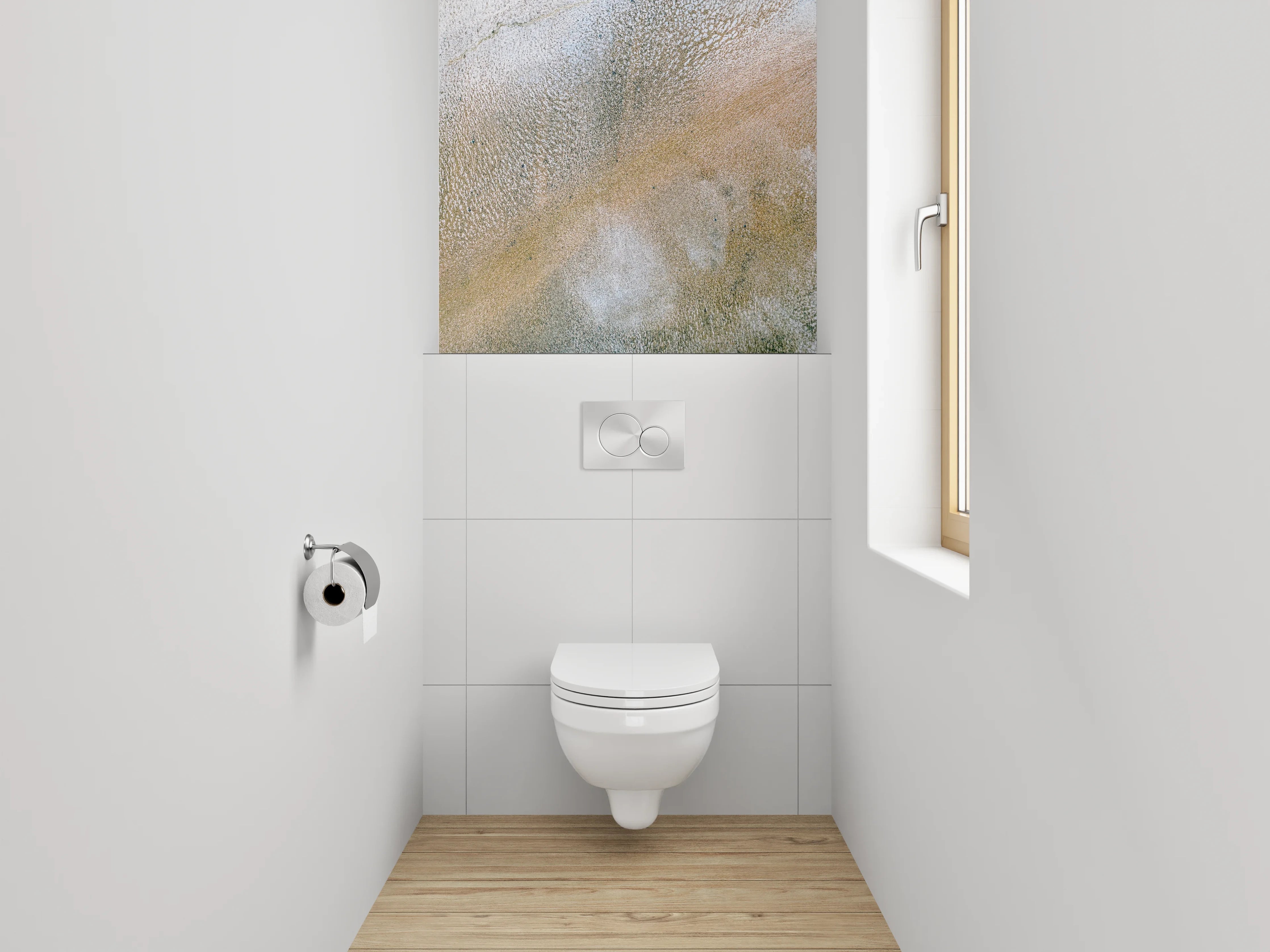 WC-Rückwand - Abstrakte Marmoroptik in Weiß und Beige
