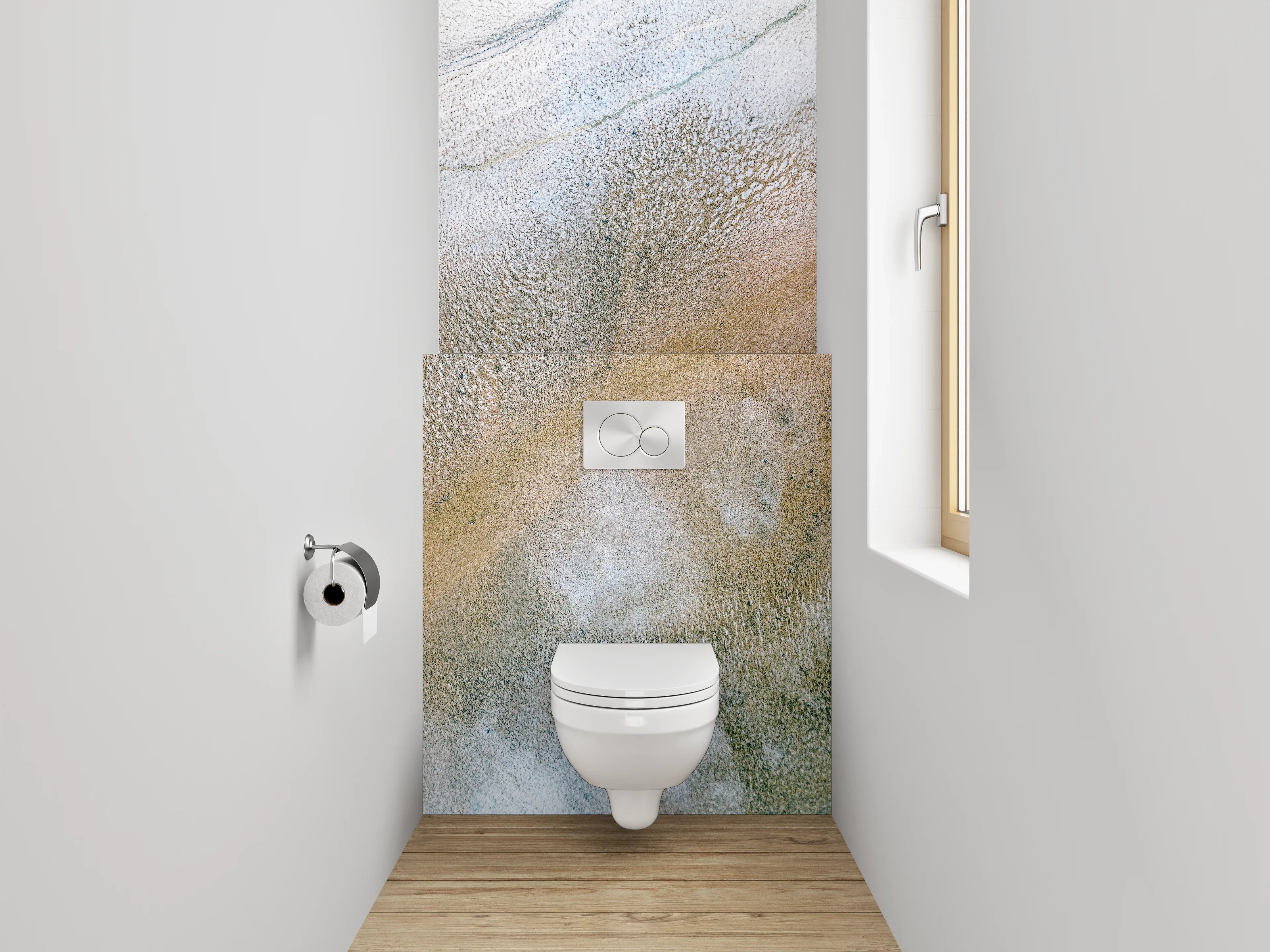 WC-Rückwand - Abstrakte Marmoroptik in Weiß und Beige