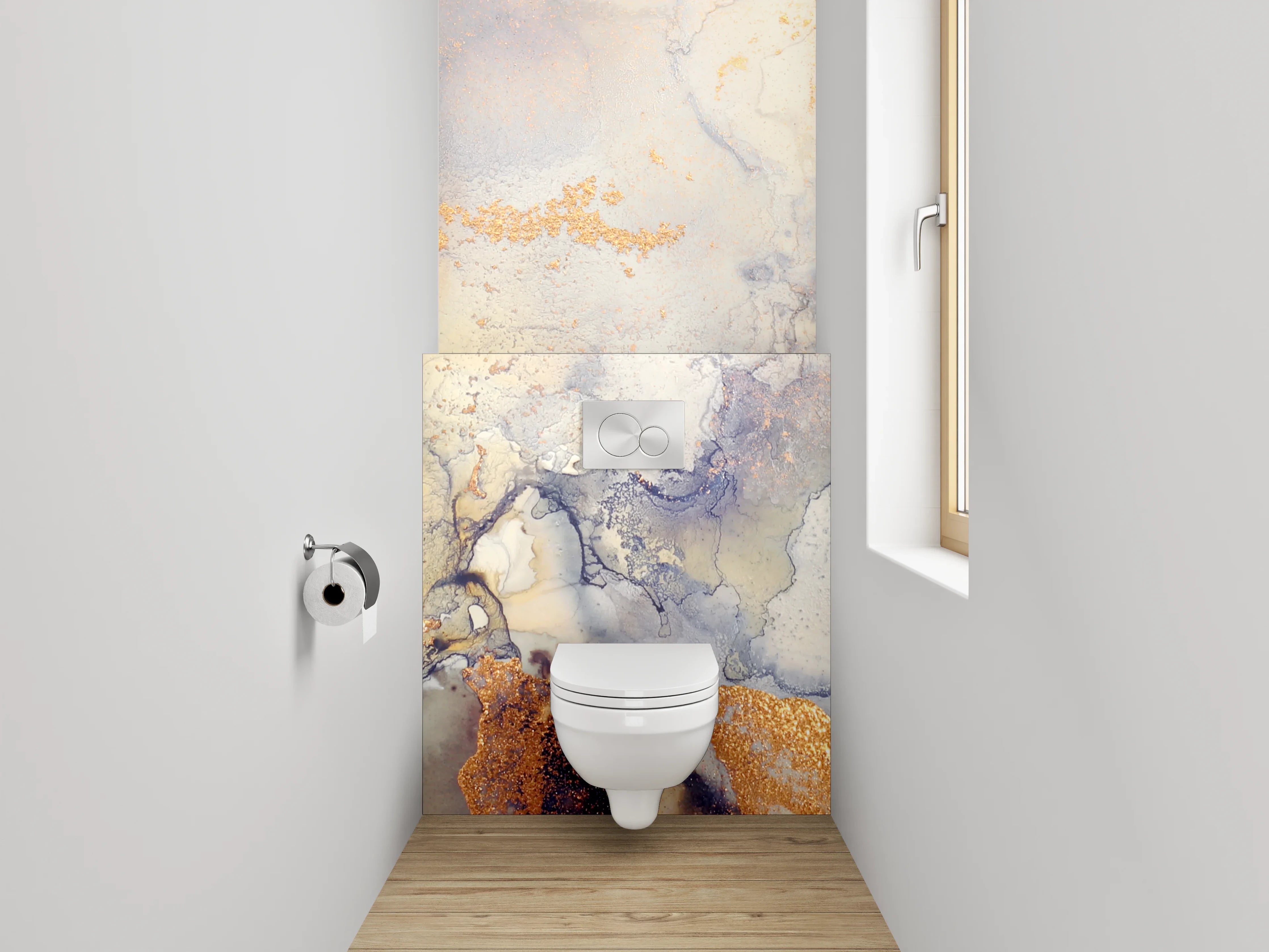WC-Rückwand - Abstrakte Marmoroptik mit goldenen Akzenten