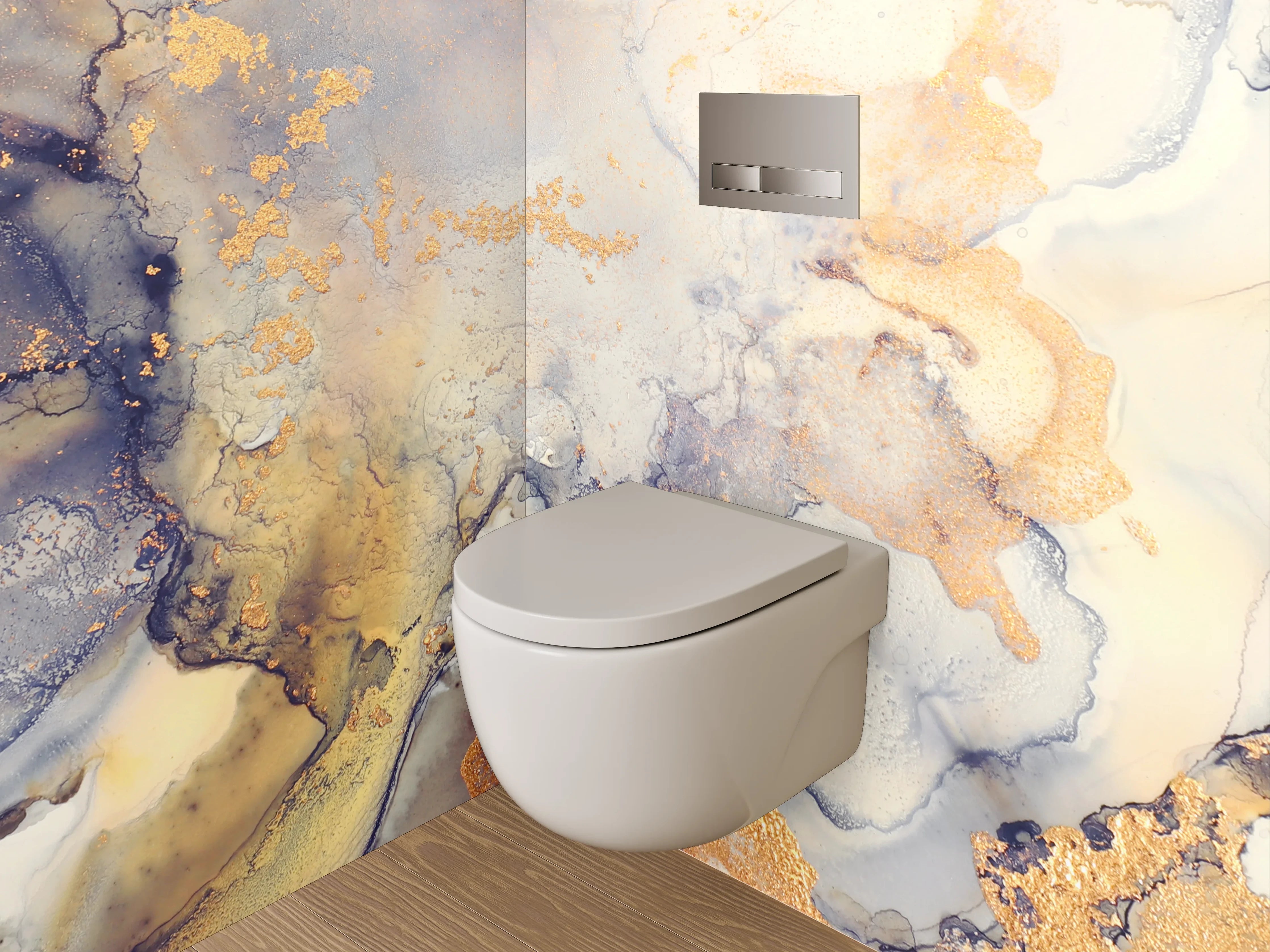 WC-Rückwand - Abstrakte Marmoroptik mit goldenen Akzenten