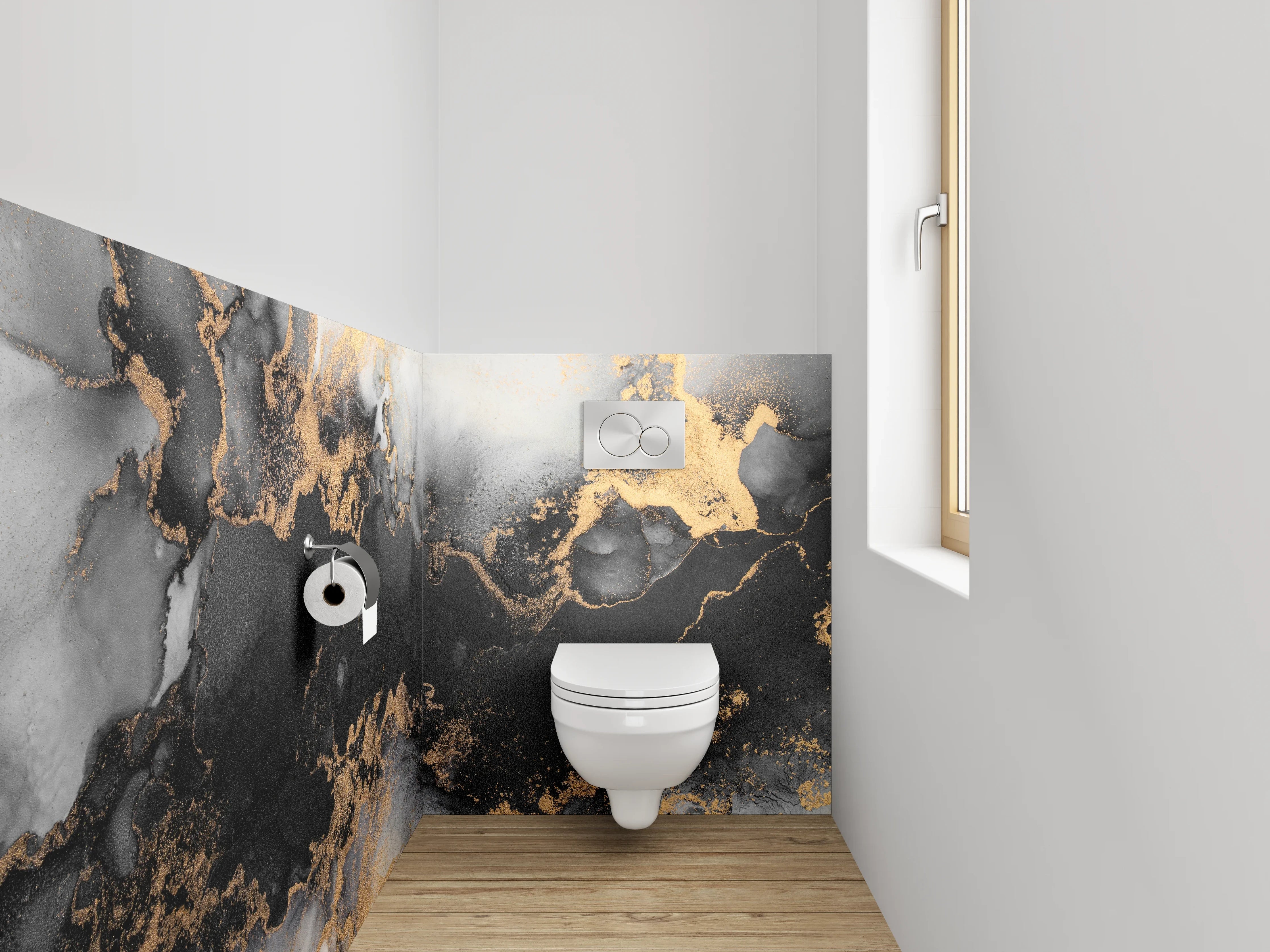 WC-Rückwand - Abstrakte Marmorstruktur in Gold und Schwarz