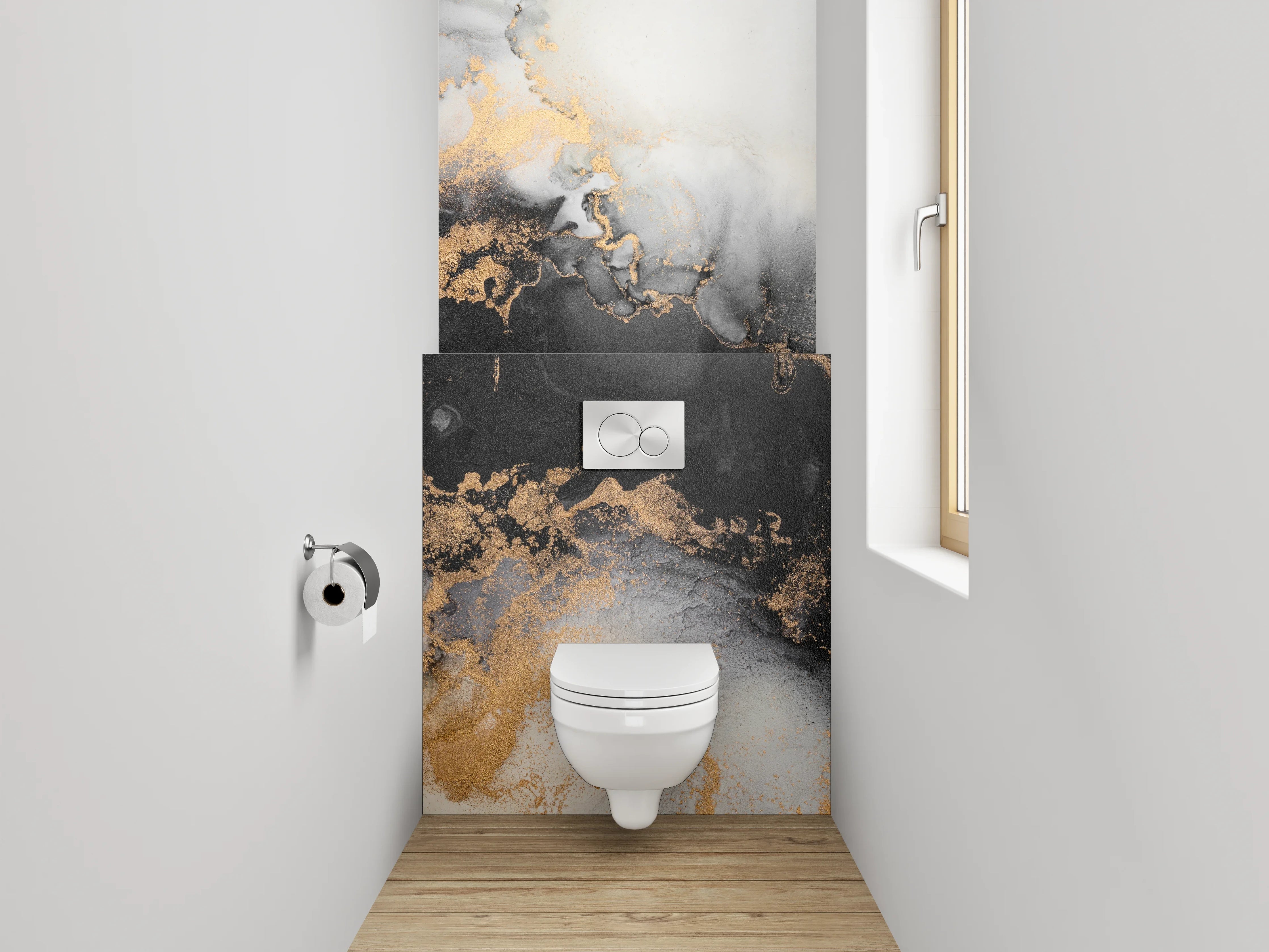 WC-Rückwand - Abstrakte Marmorstruktur in Gold und Schwarz