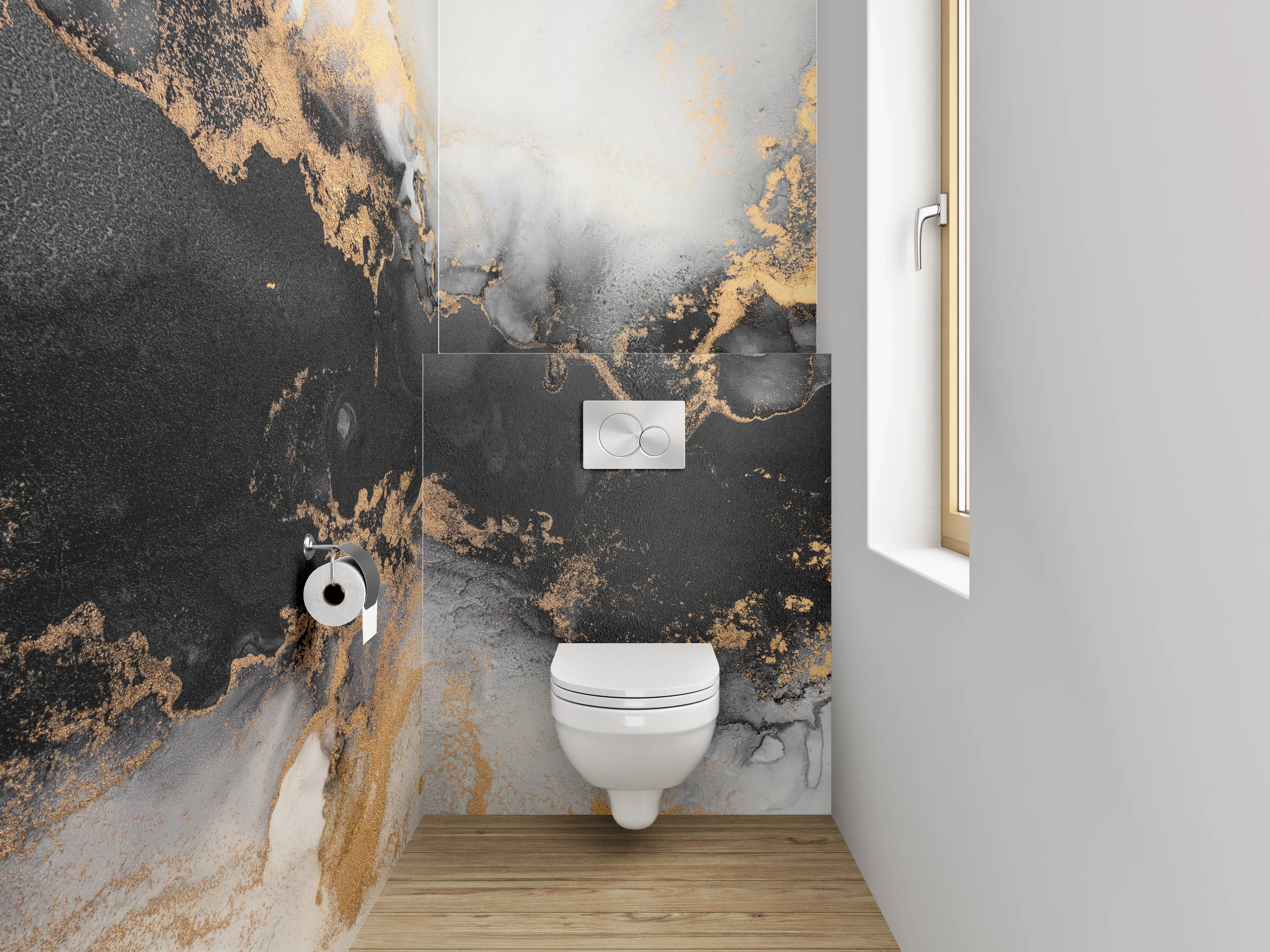 WC-Rückwand - Abstrakte Marmorstruktur in Gold und Schwarz