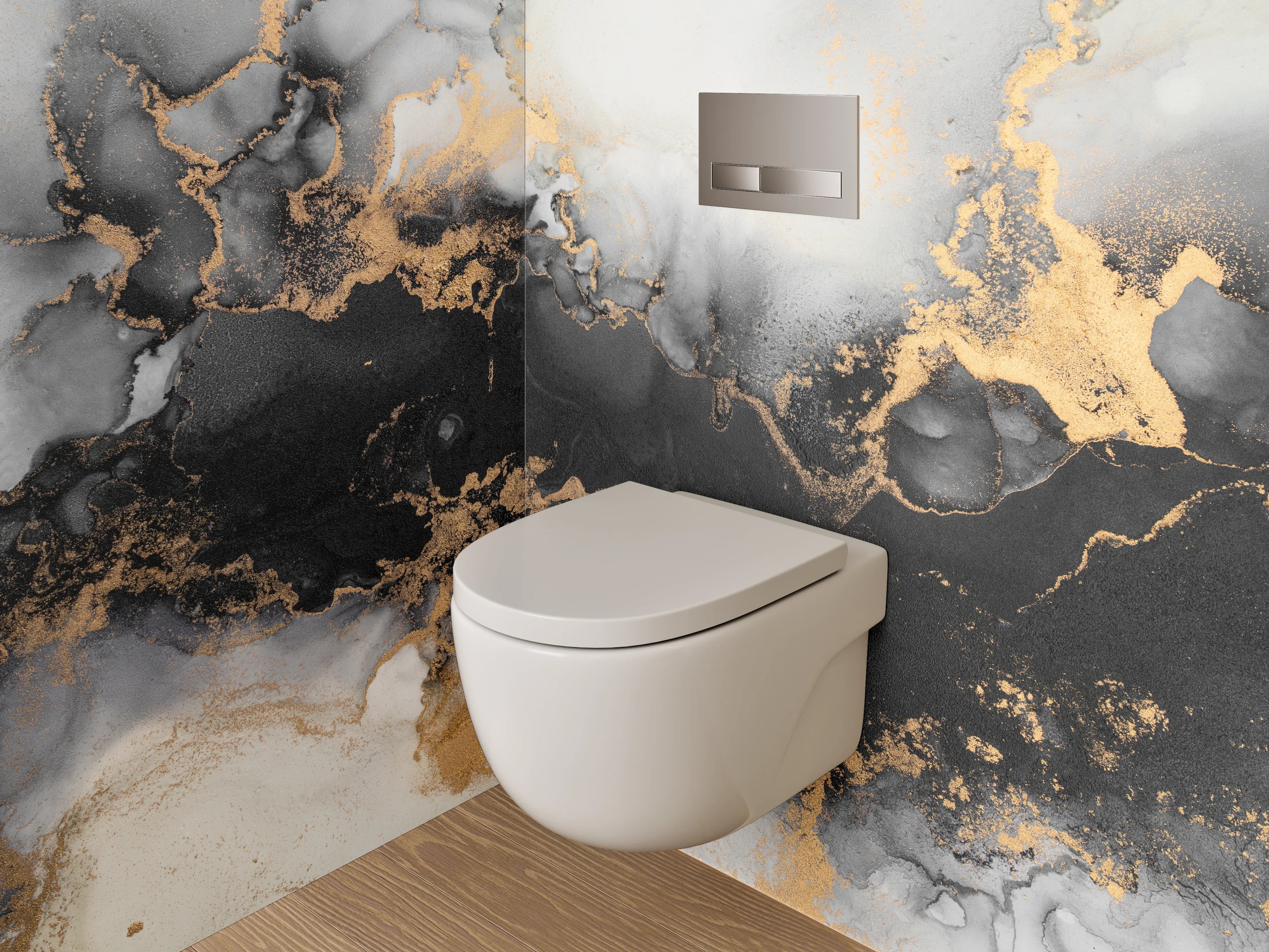 WC-Rückwand - Abstrakte Marmorstruktur in Gold und Schwarz