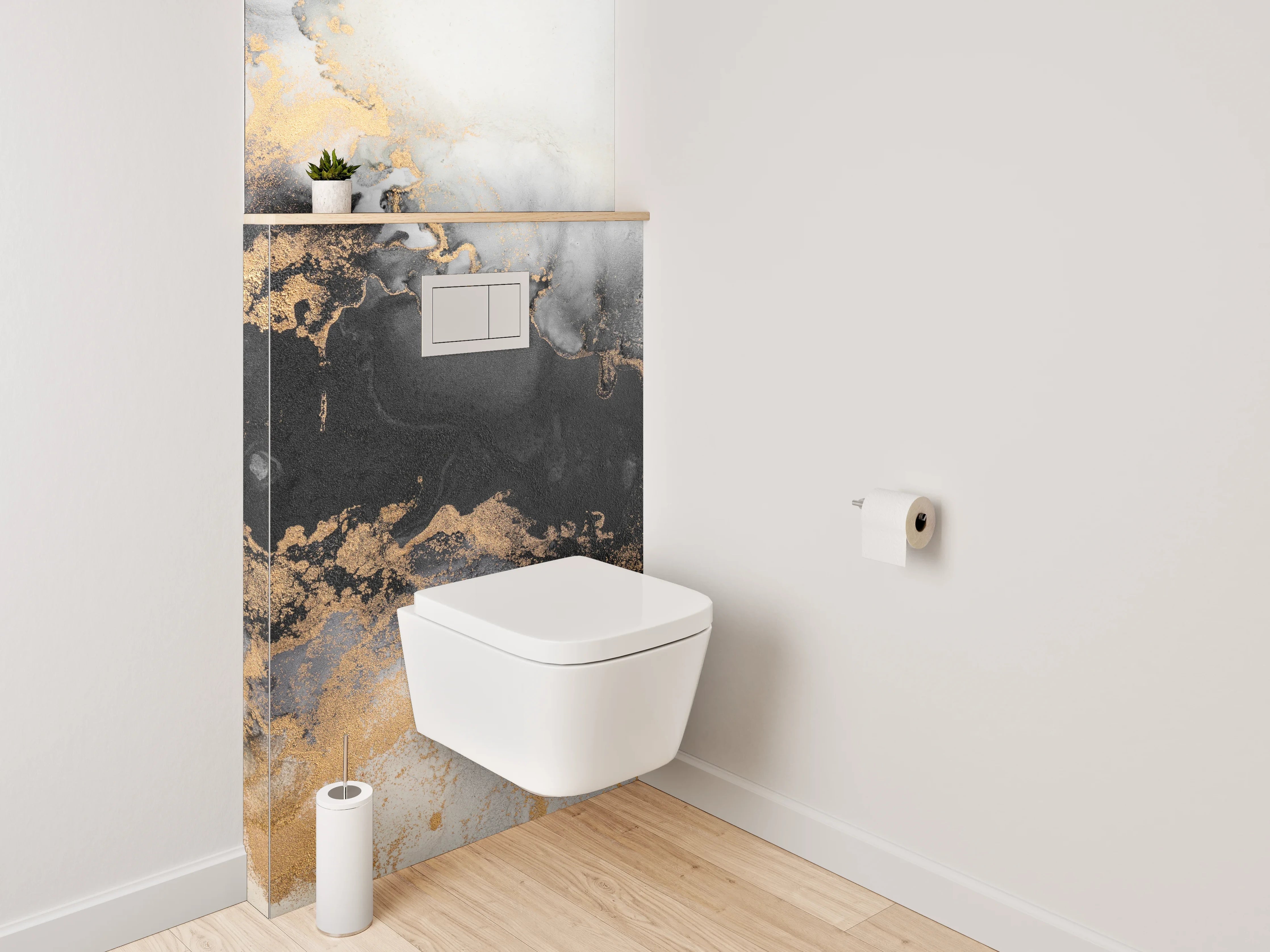 WC-Rückwand - Abstrakte Marmorstruktur in Gold und Schwarz