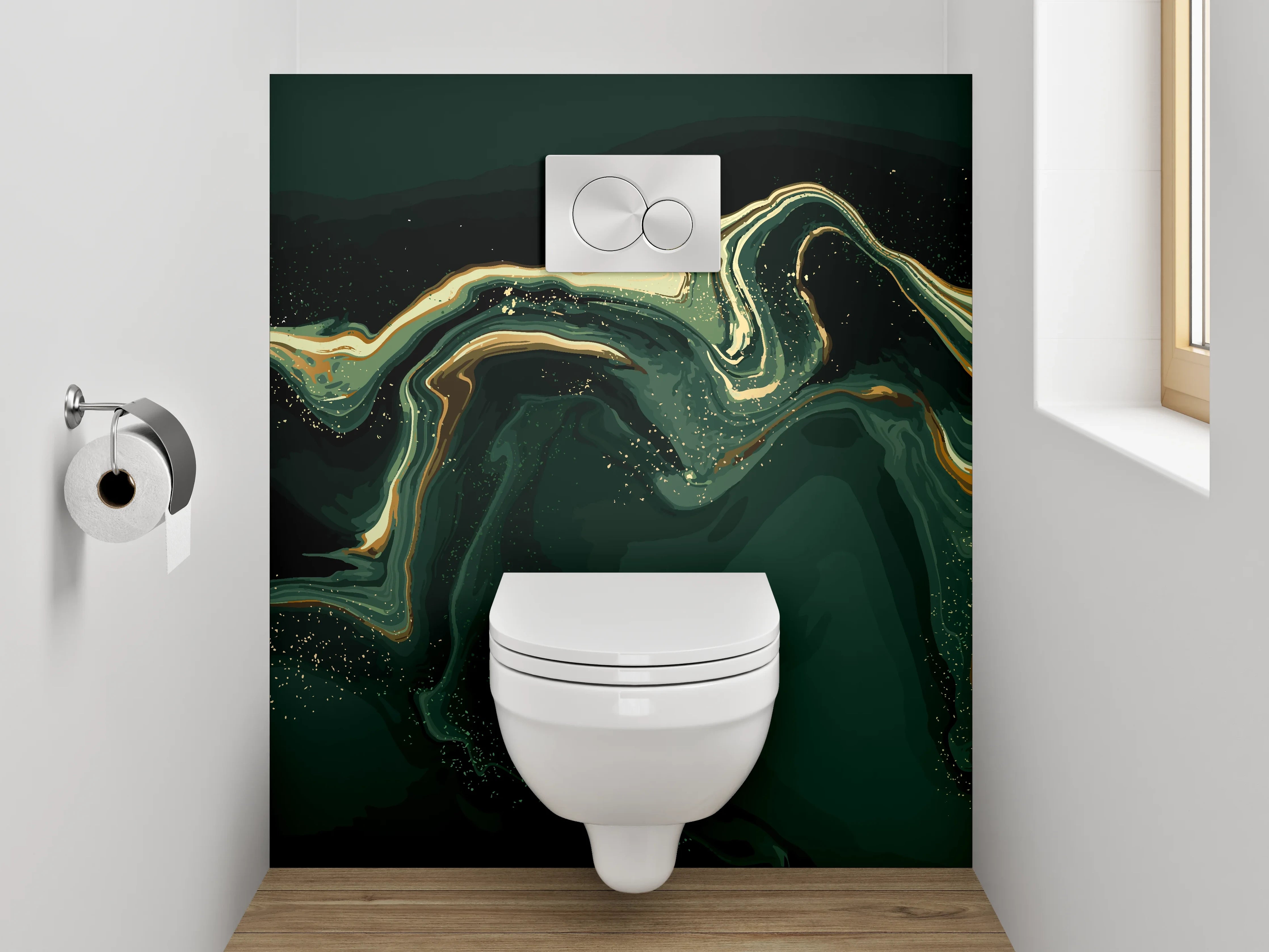 WC-Rückwand - Abstrakte Marmorwellen in Grün und Gold