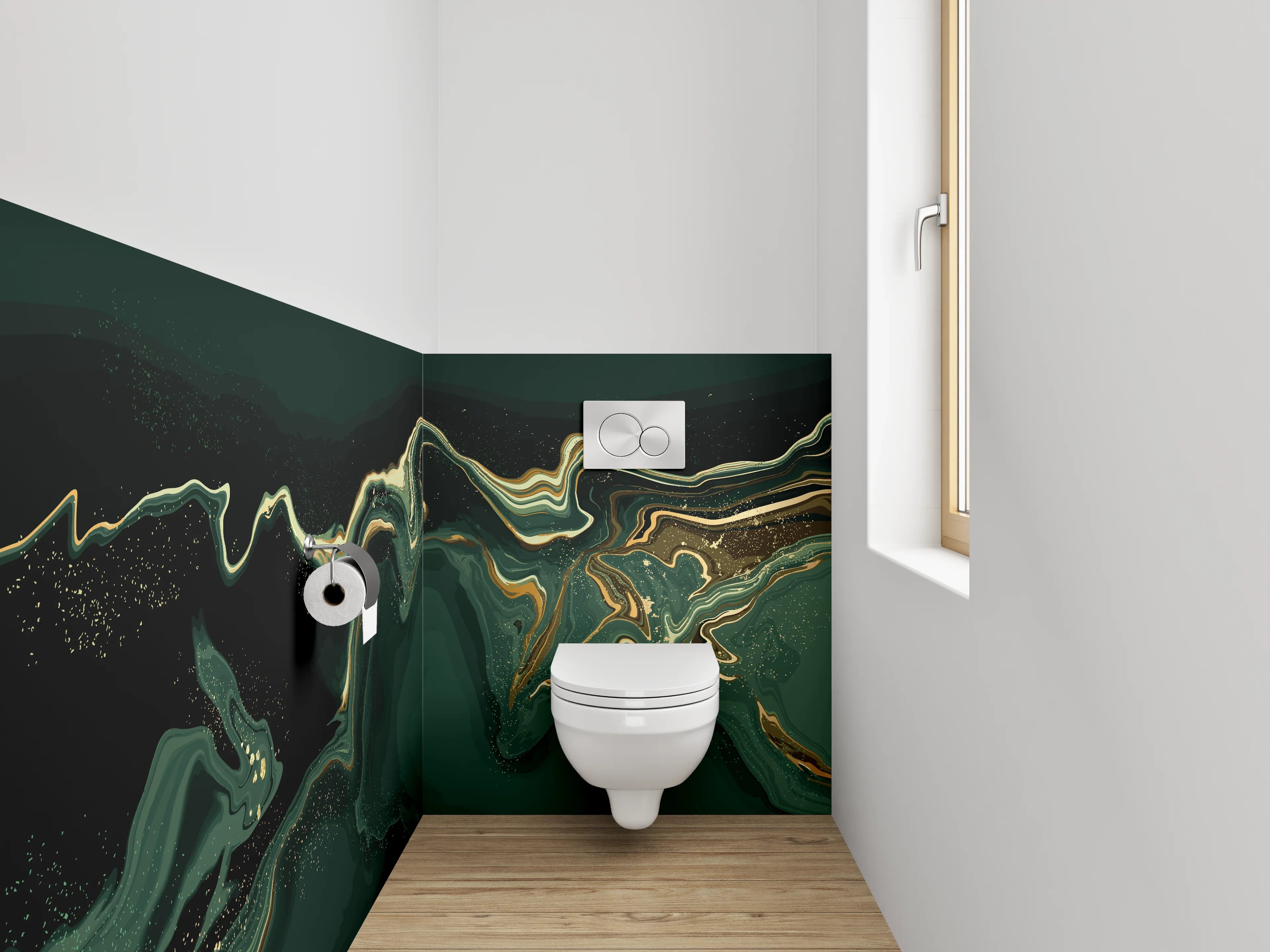WC-Rückwand - Abstrakte Marmorwellen in Grün und Gold