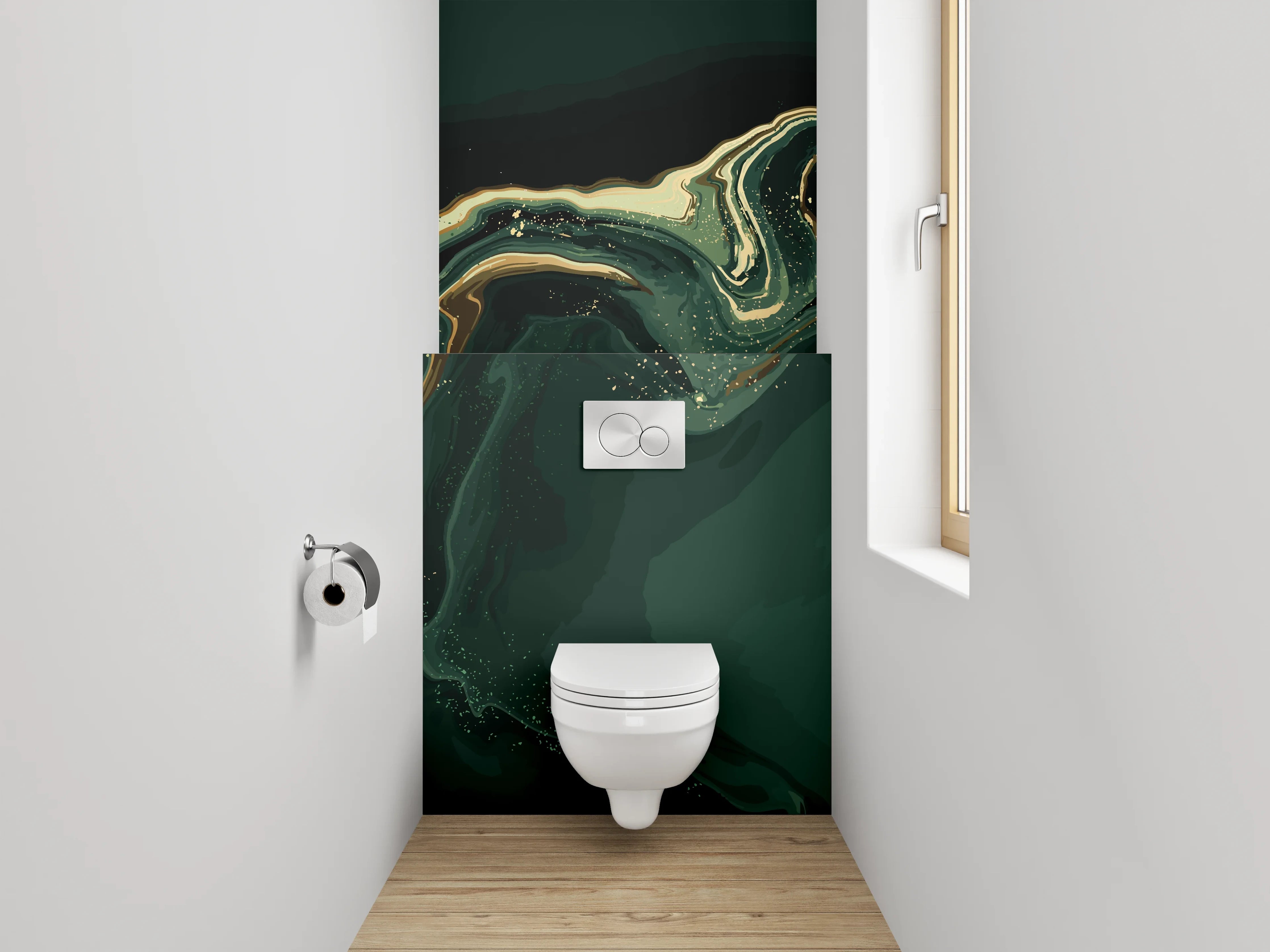 WC-Rückwand - Abstrakte Marmorwellen in Grün und Gold