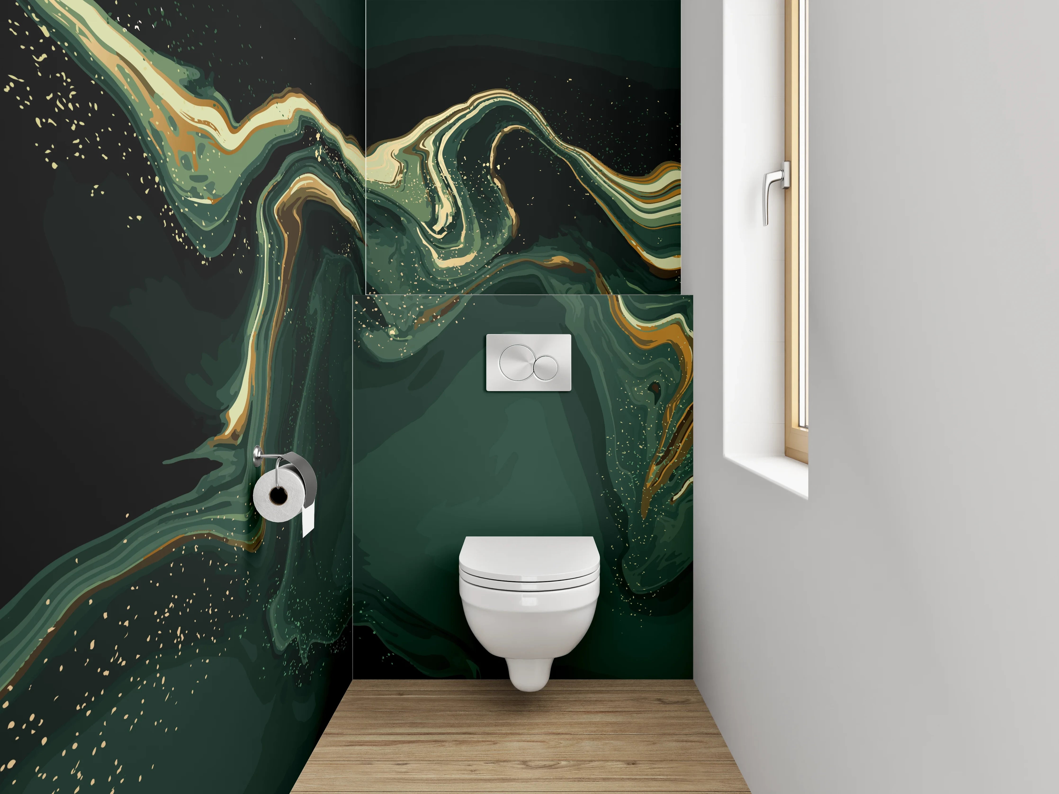 WC-Rückwand - Abstrakte Marmorwellen in Grün und Gold