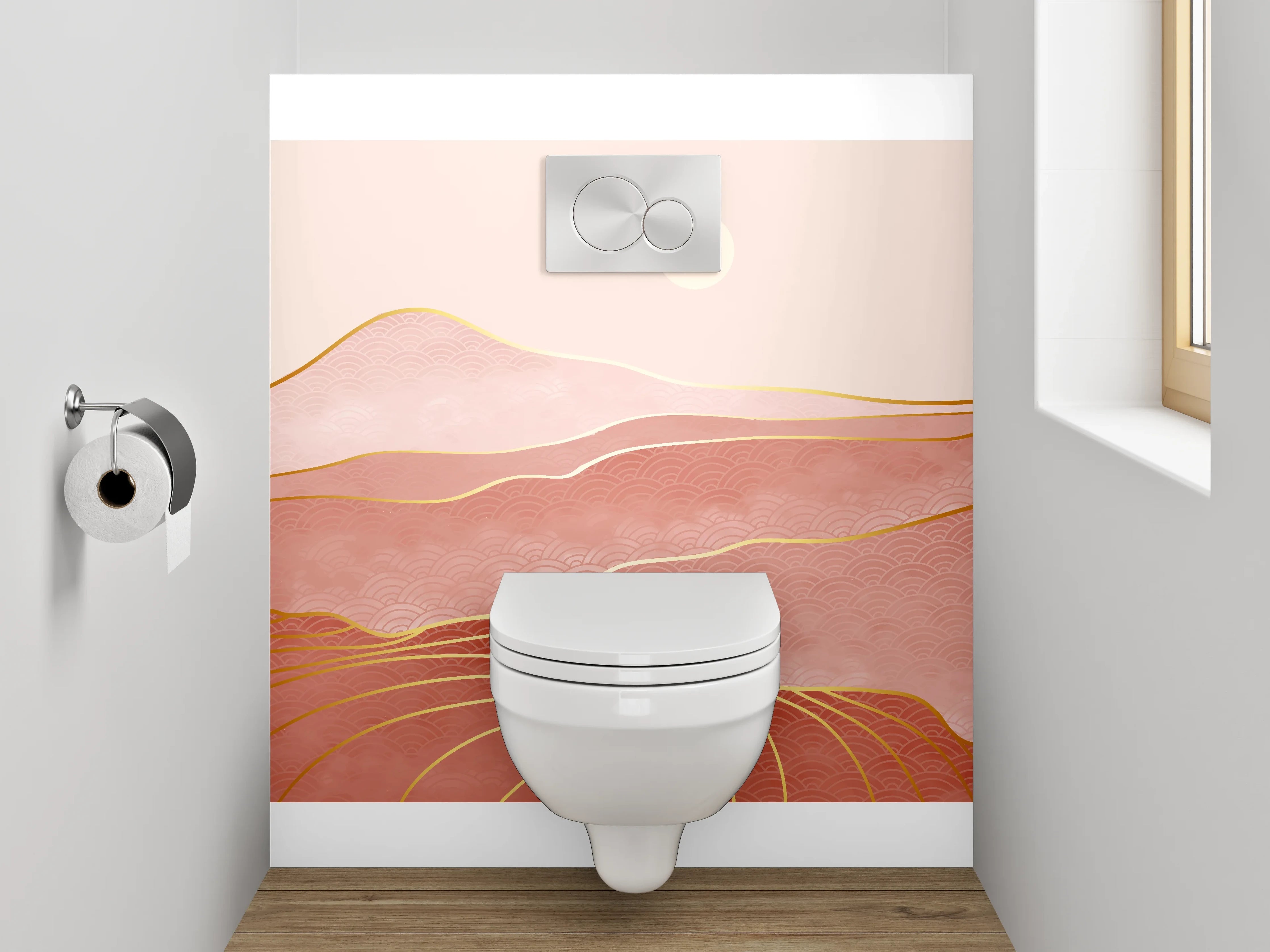 WC-Rückwand - Abstrakte Rosé-Landschaft mit Goldlinien