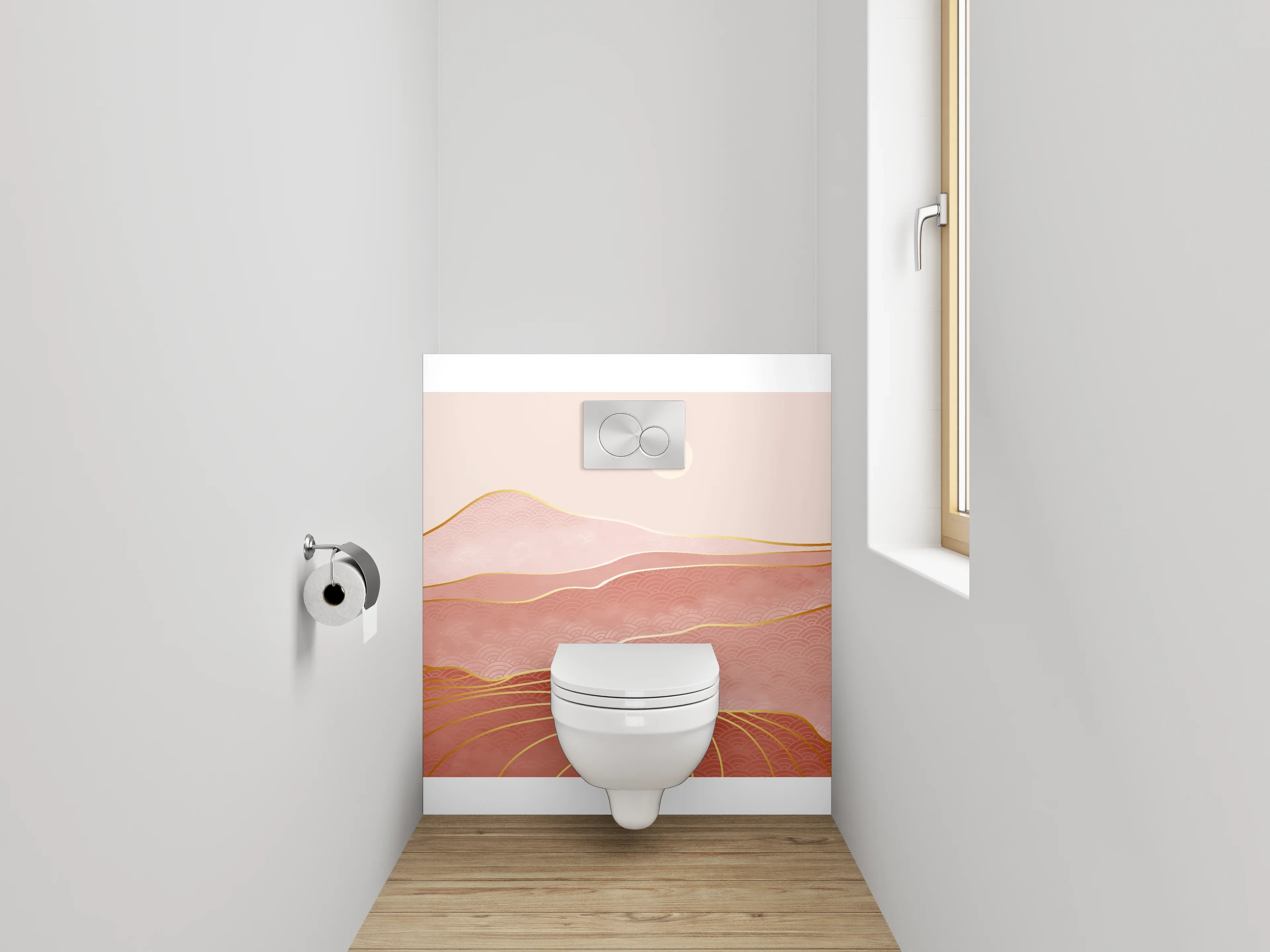 WC-Rückwand - Abstrakte Rosé-Landschaft mit Goldlinien