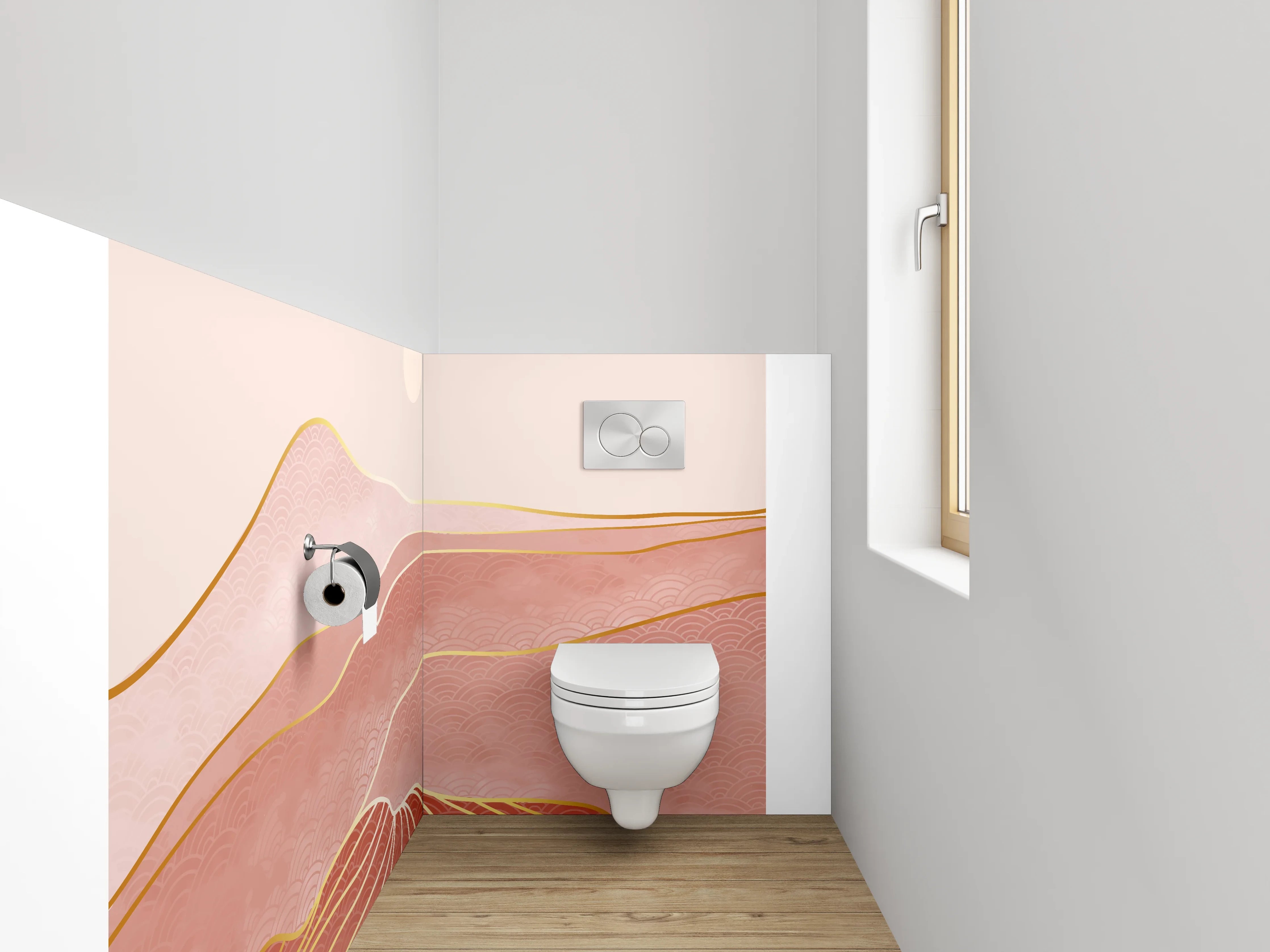 WC-Rückwand - Abstrakte Rosé-Landschaft mit Goldlinien