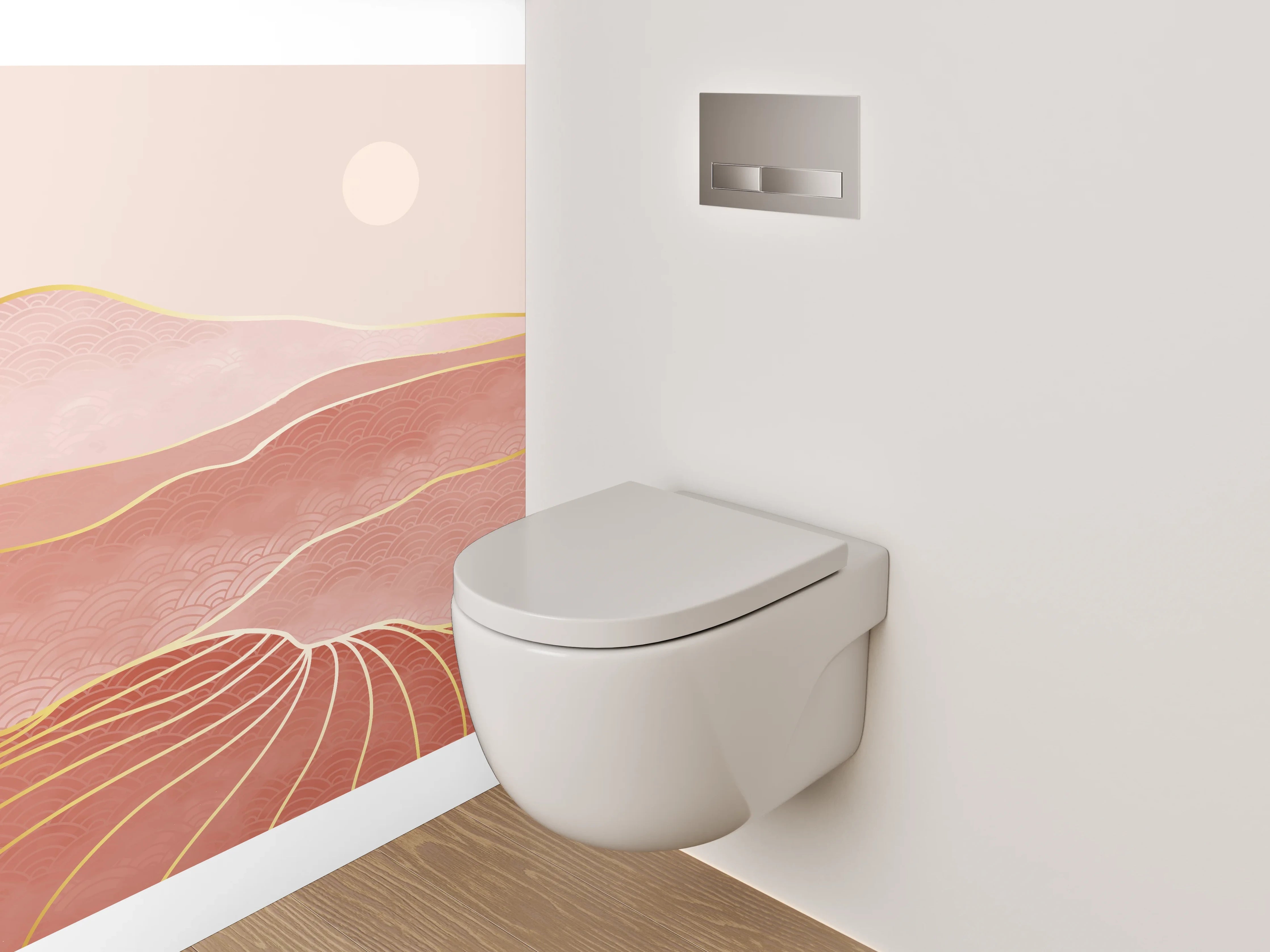 WC-Rückwand - Abstrakte Rosé-Landschaft mit Goldlinien