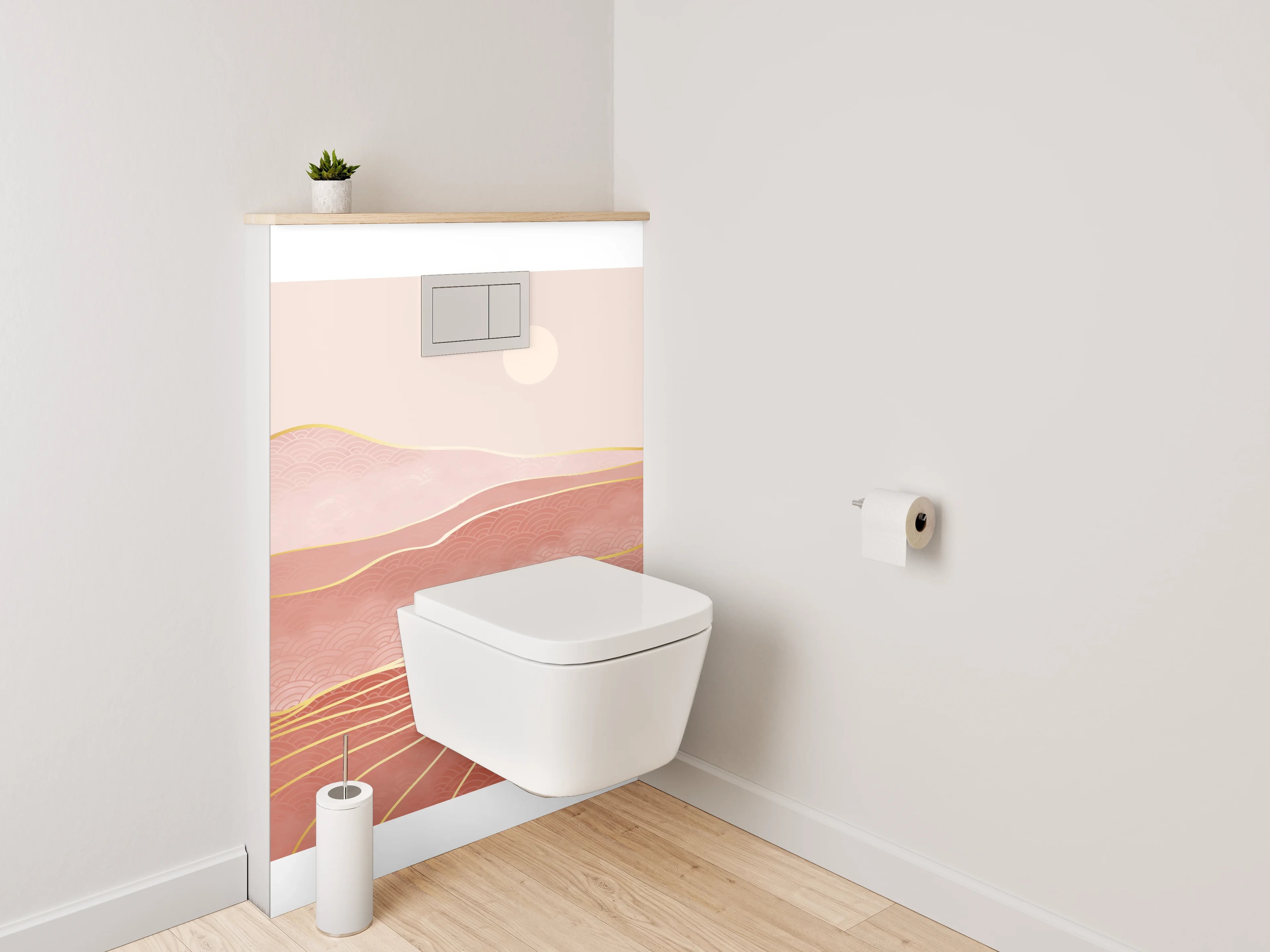 WC-Rückwand - Abstrakte Rosé-Landschaft mit Goldlinien