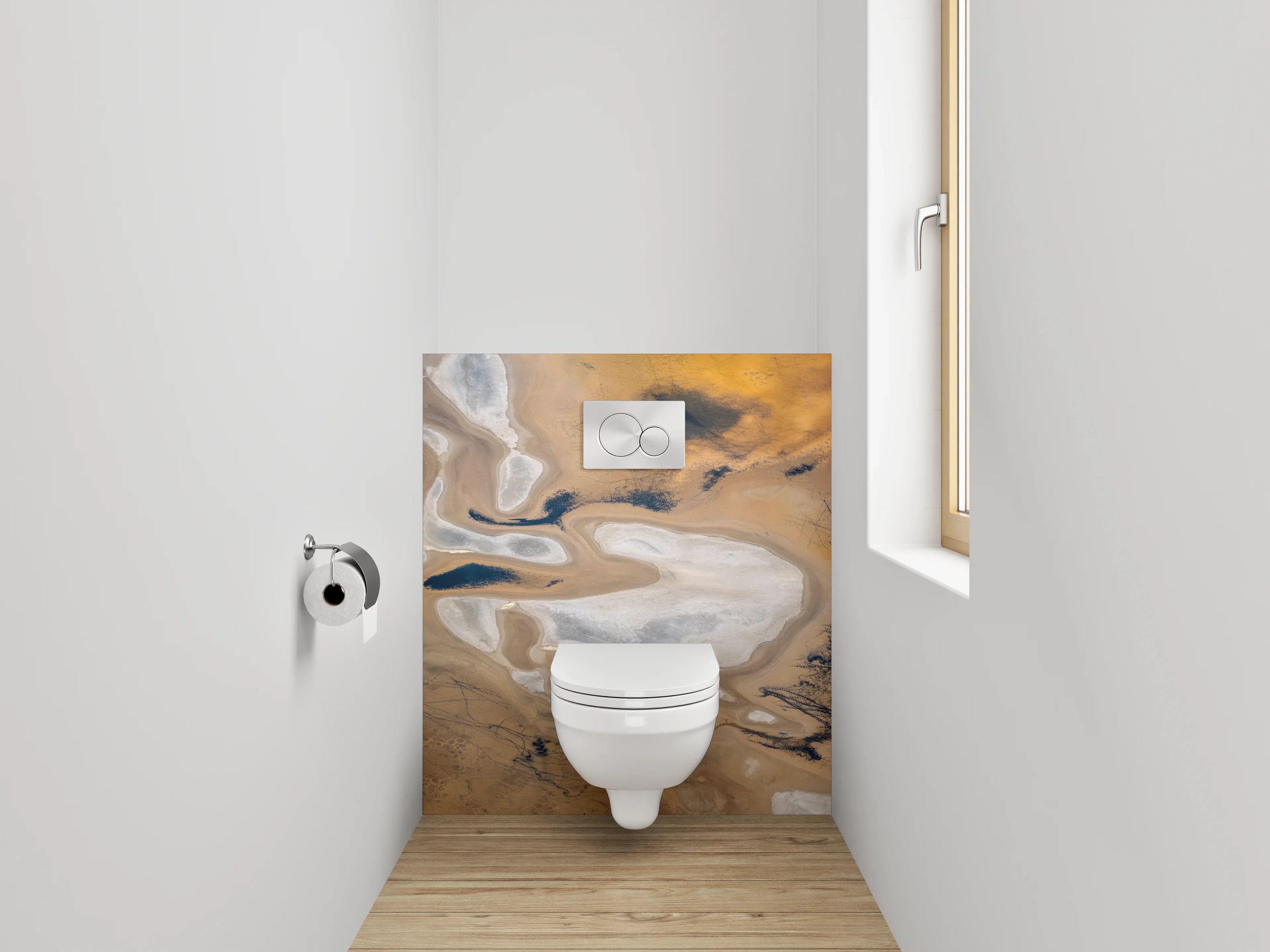 WC-Rückwand - Abstrakte Sandstruktur in Weiß und Ocker