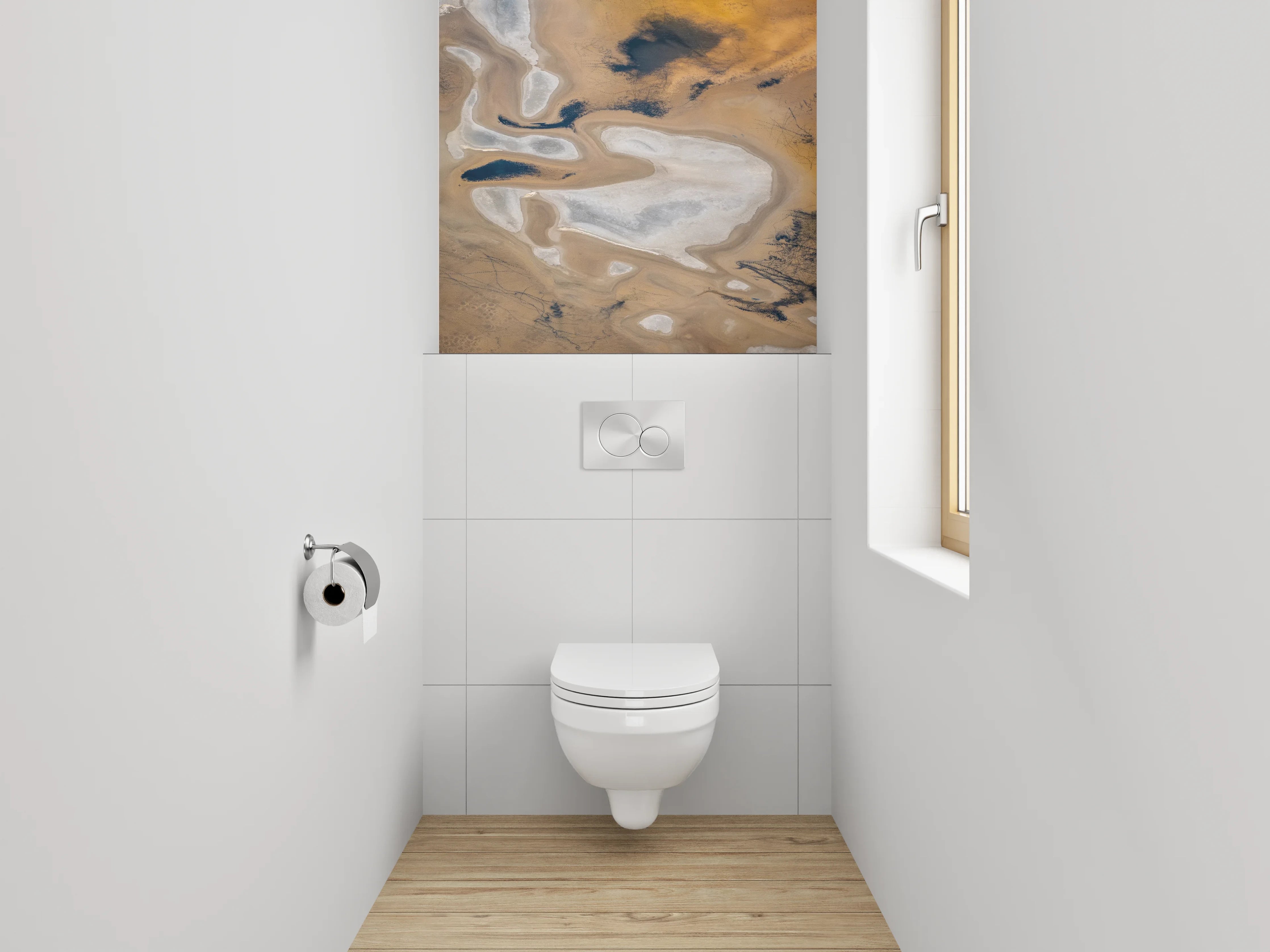 WC-Rückwand - Abstrakte Sandstruktur in Weiß und Ocker