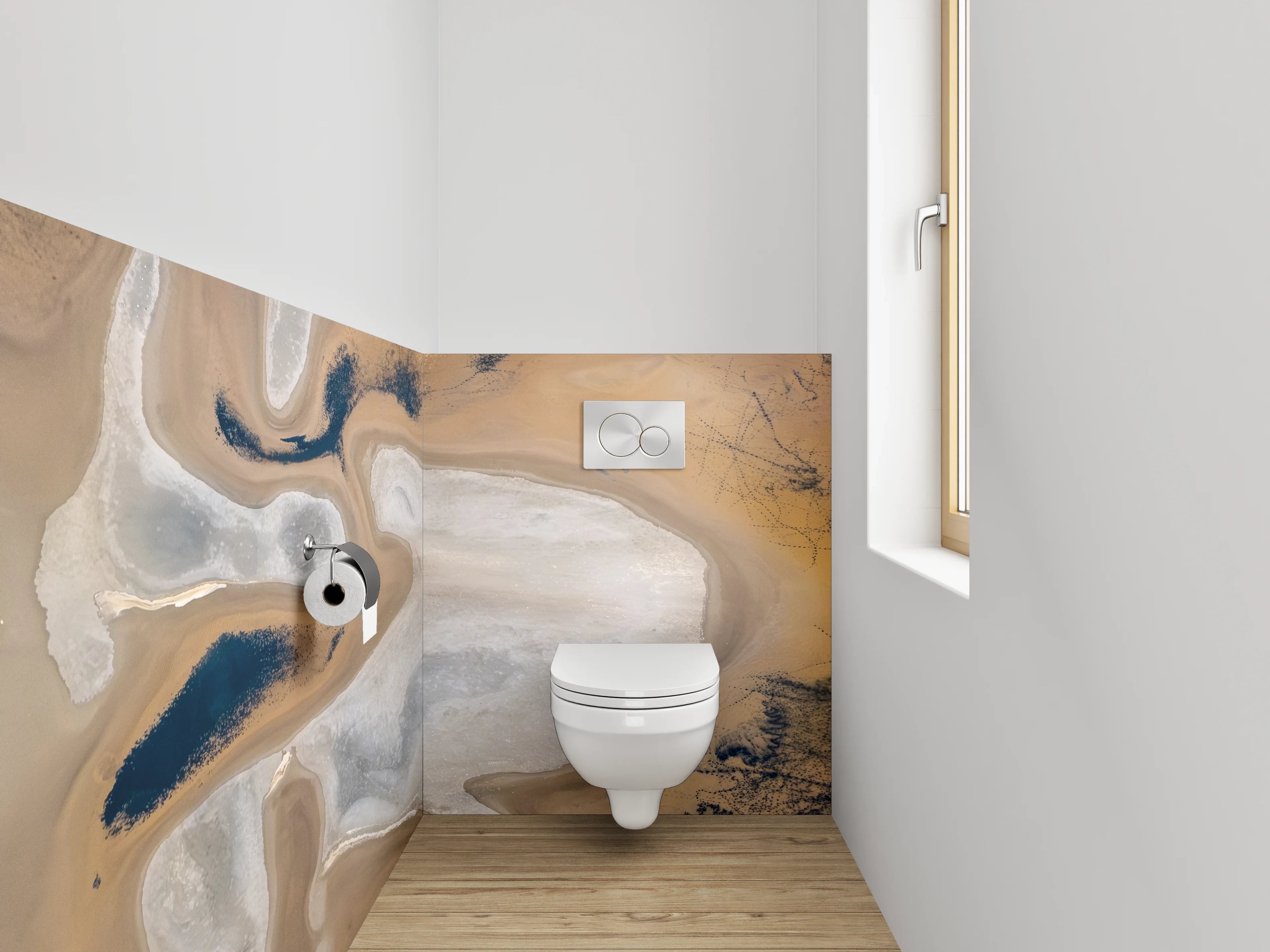 WC-Rückwand - Abstrakte Sandstruktur in Weiß und Ocker