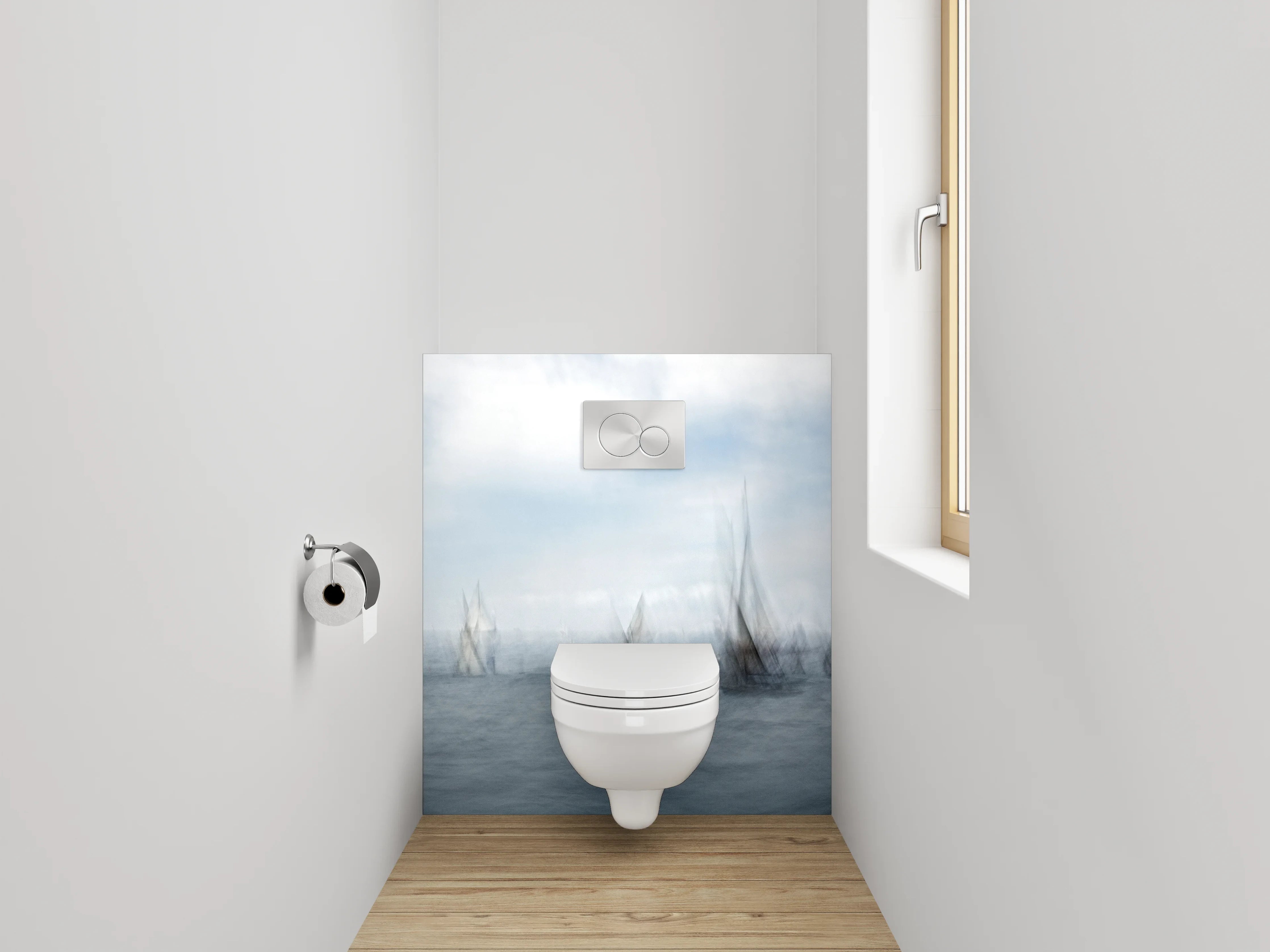 WC-Rückwand - Abstrakte Segelboote im Nebel