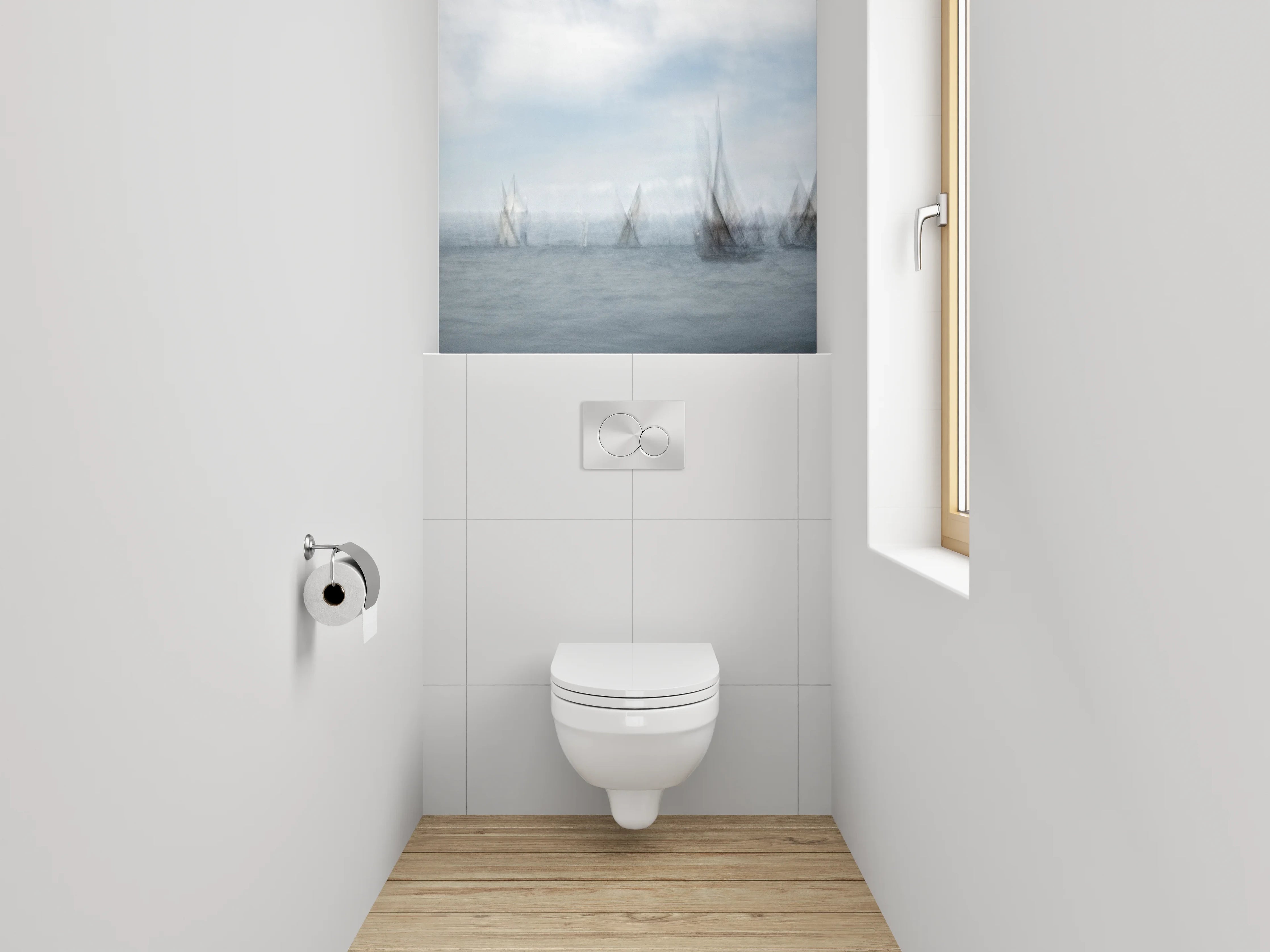 WC-Rückwand - Abstrakte Segelboote im Nebel