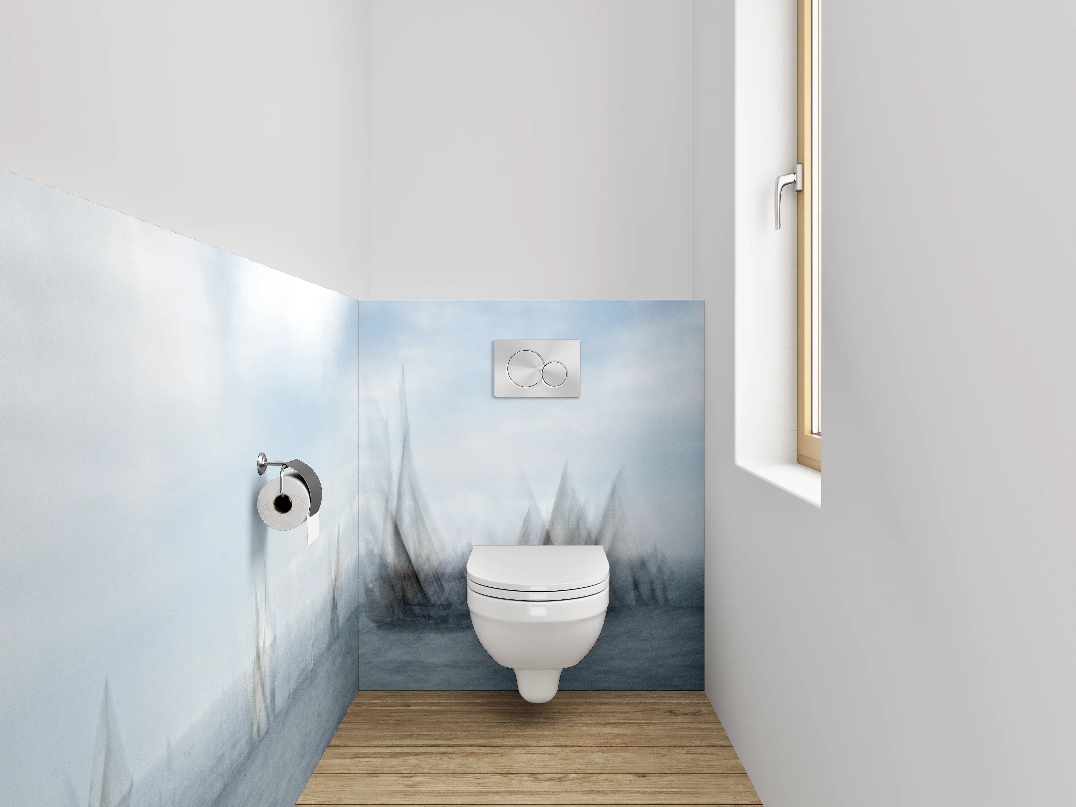 WC-Rückwand - Abstrakte Segelboote im Nebel