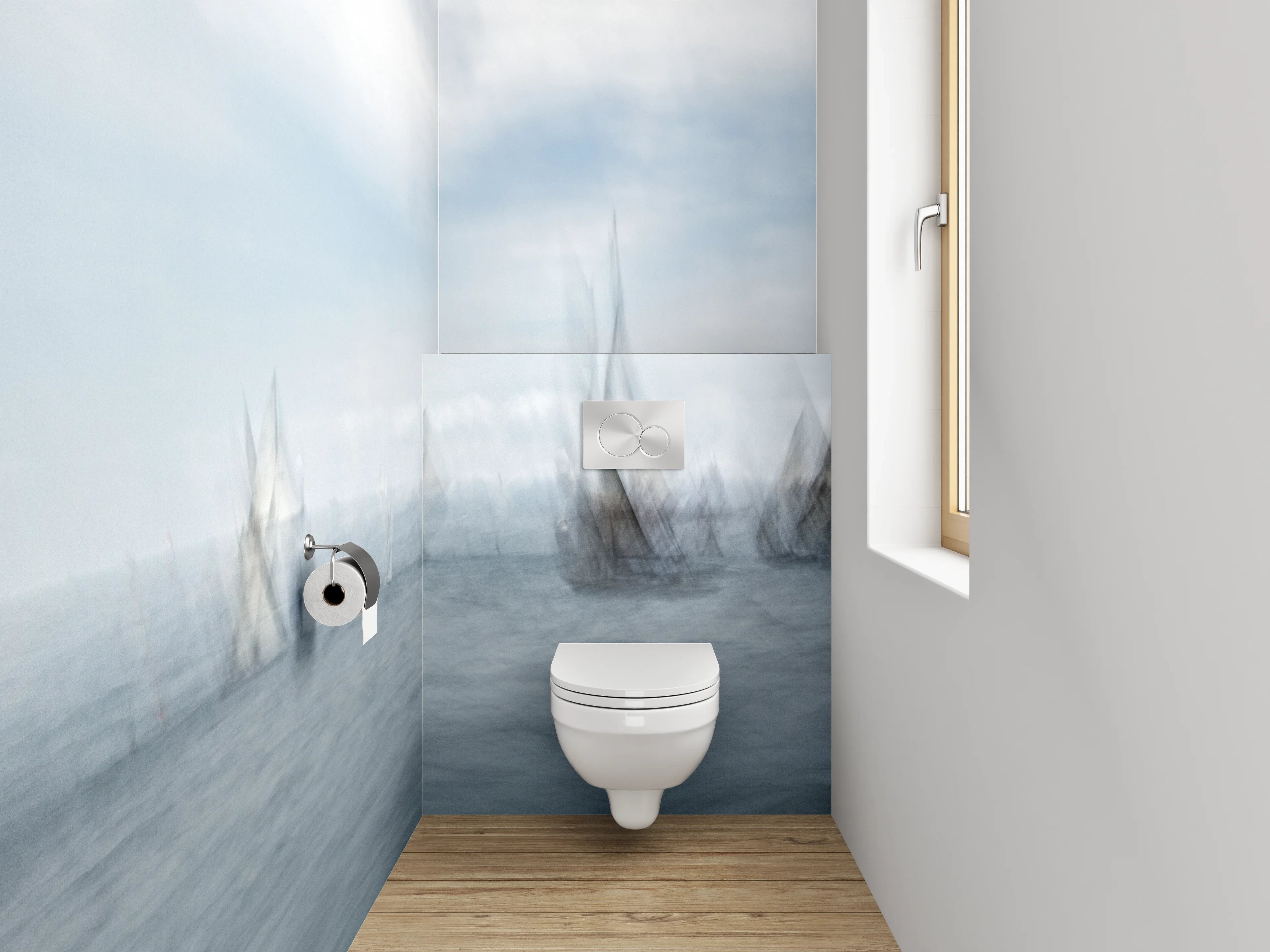 WC-Rückwand - Abstrakte Segelboote im Nebel