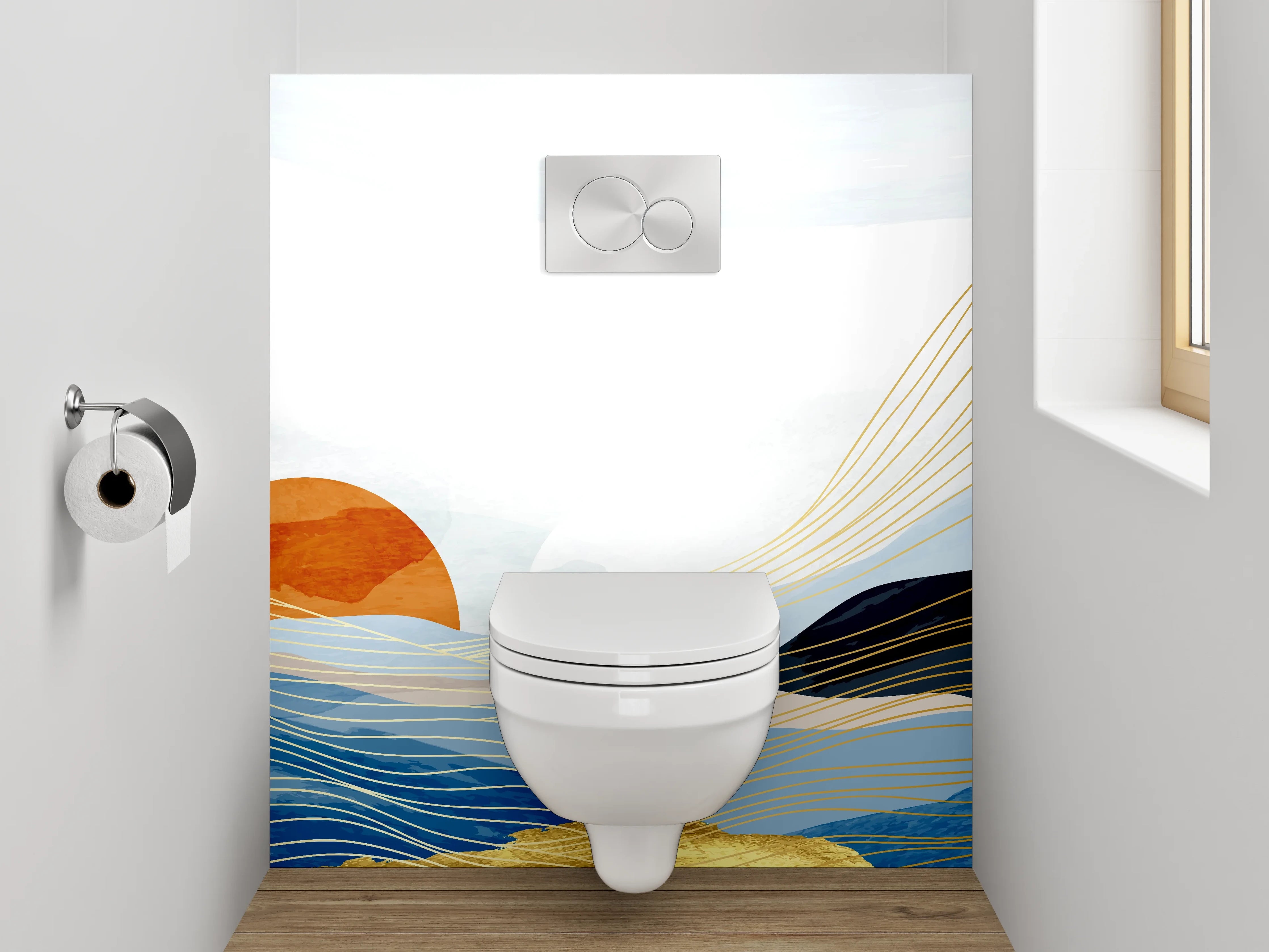 WC-Rückwand - Abstrakte Sonnenlandschaft im Aquarellstil