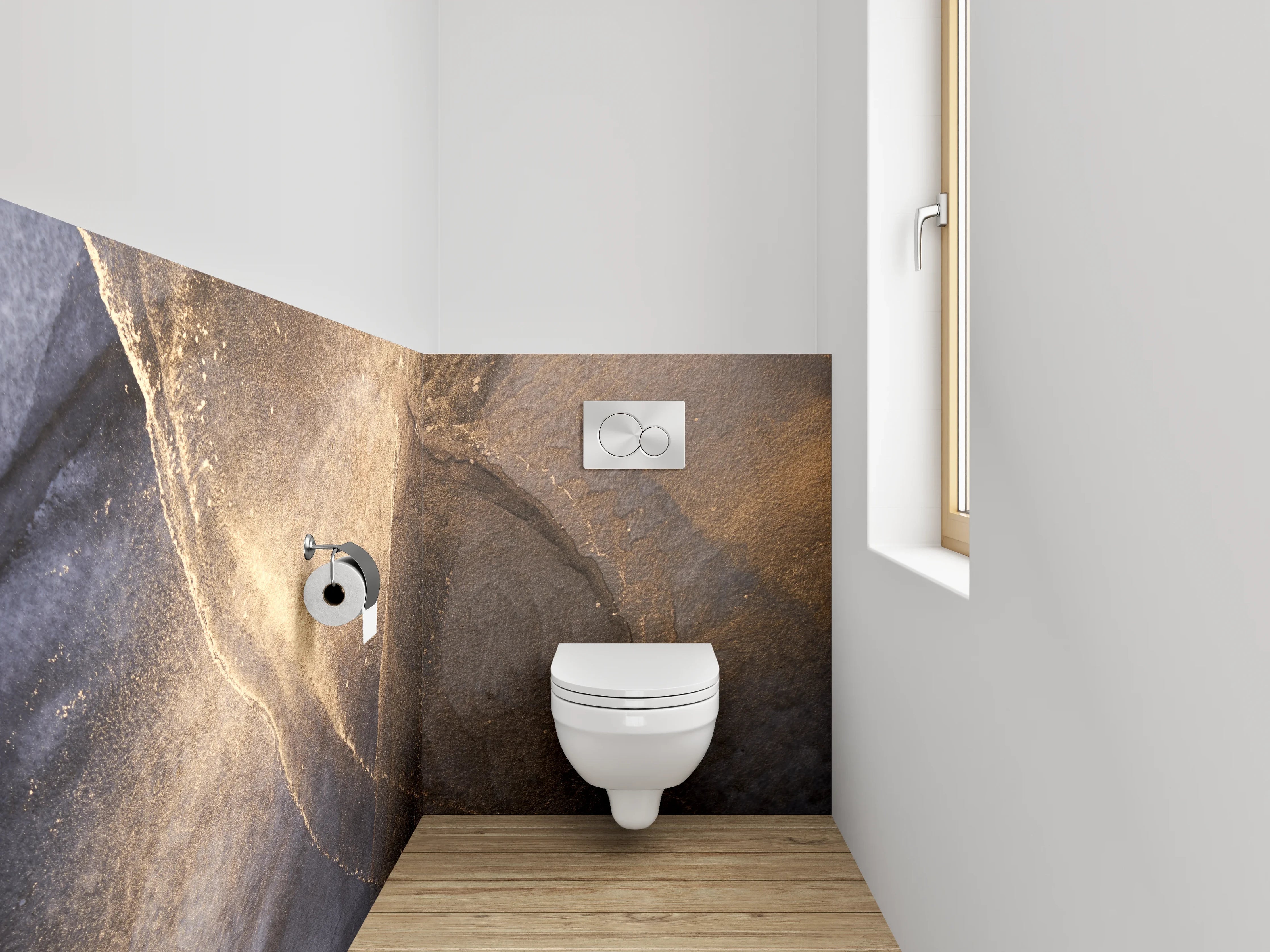 WC-Rückwand - Abstrakte Steinstruktur mit Goldakzent