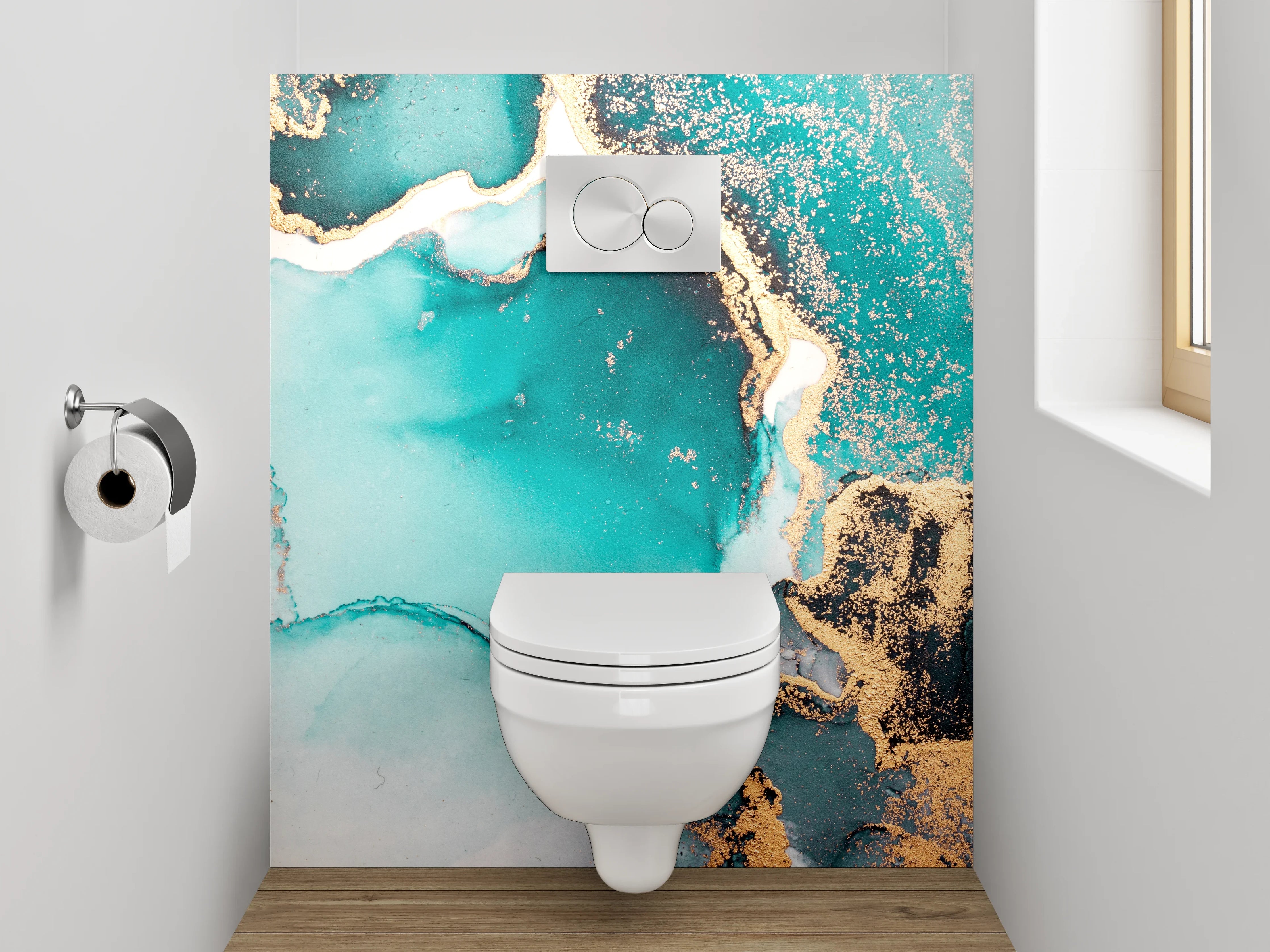 WC-Rückwand - Abstrakte Türkis-Gold Aquarell-Marmoroptik