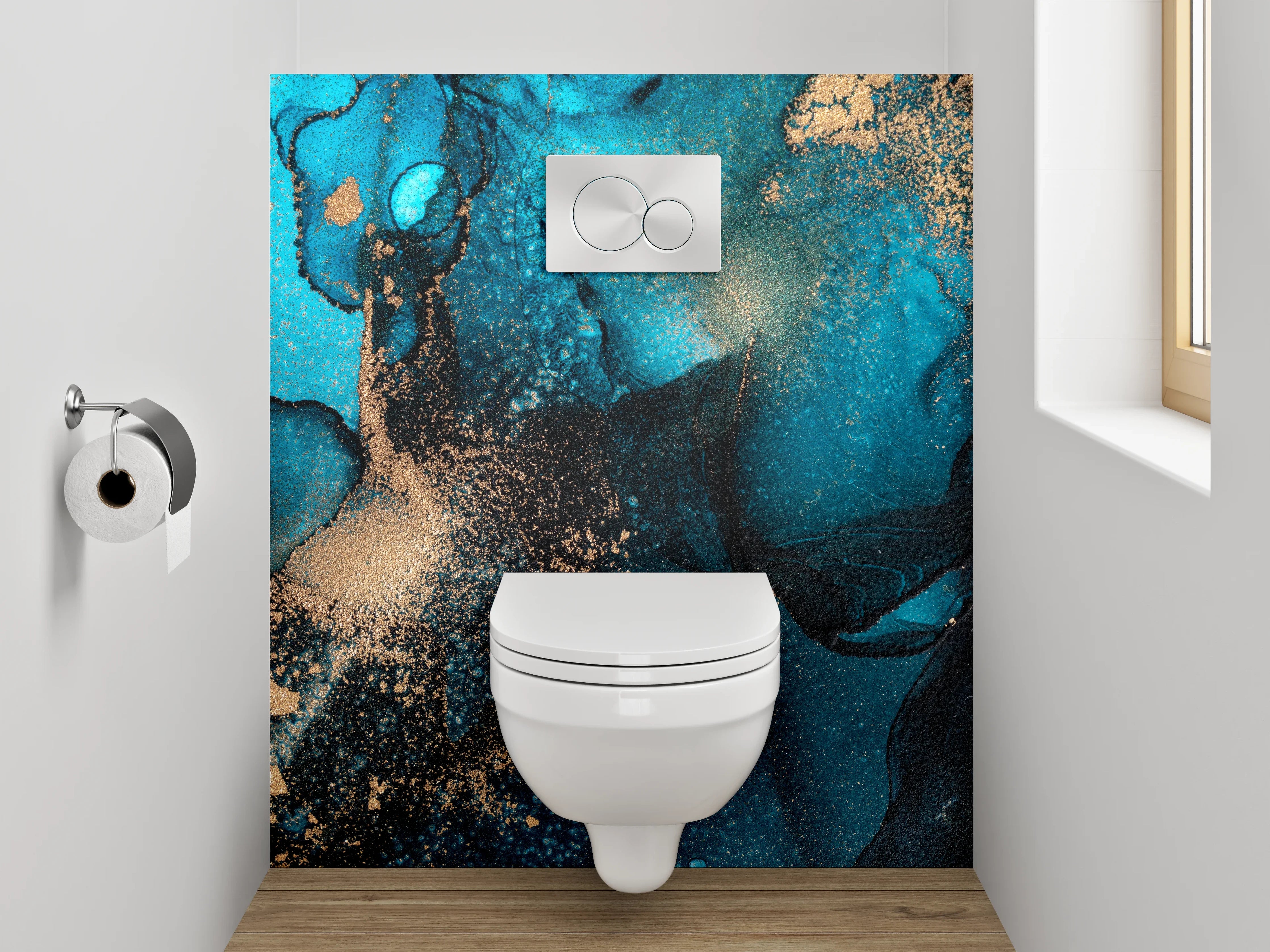 WC-Rückwand - Abstrakte Türkis-Gold Aquarellkunst