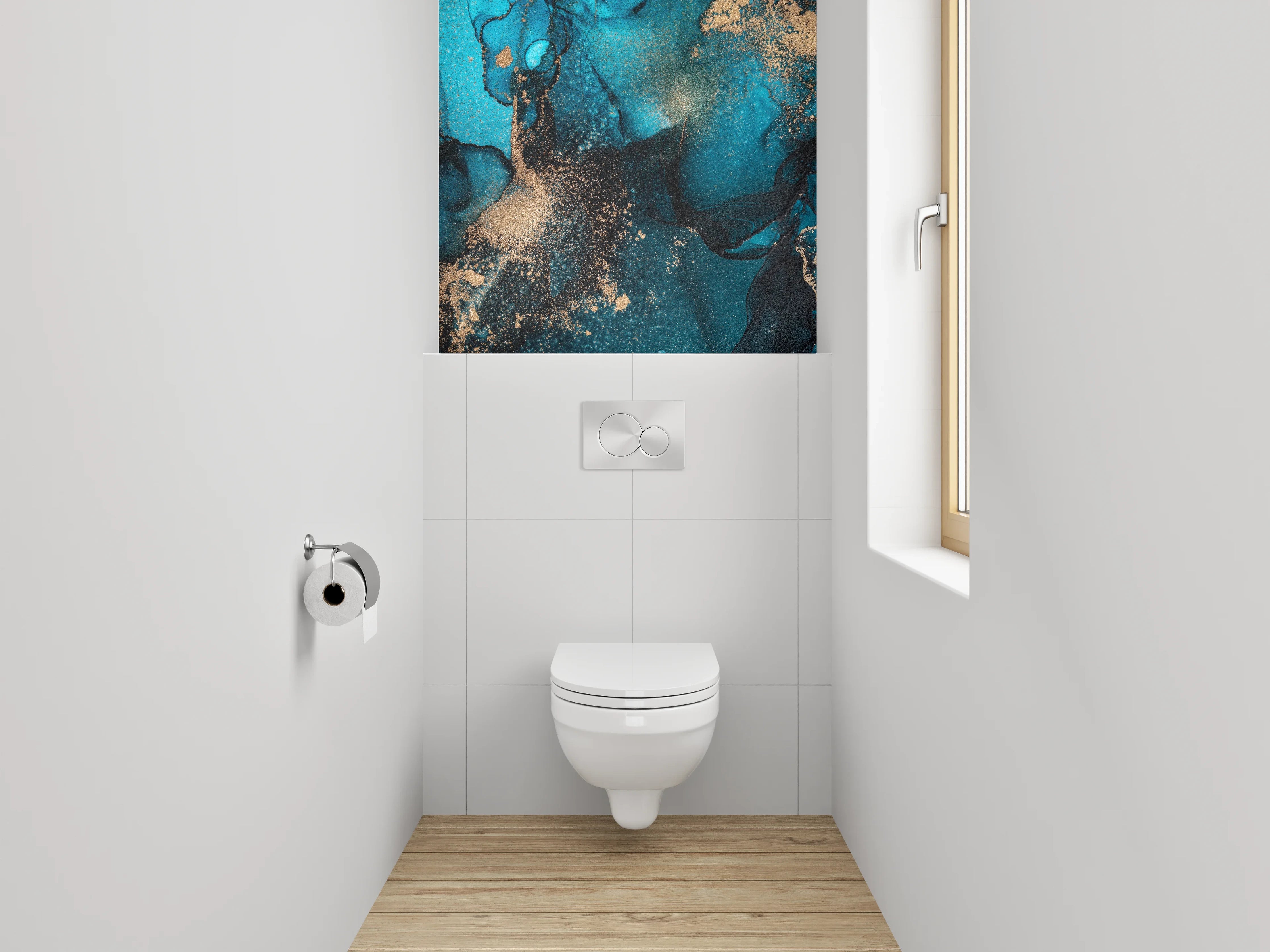 WC-Rückwand - Abstrakte Türkis-Gold Aquarellkunst