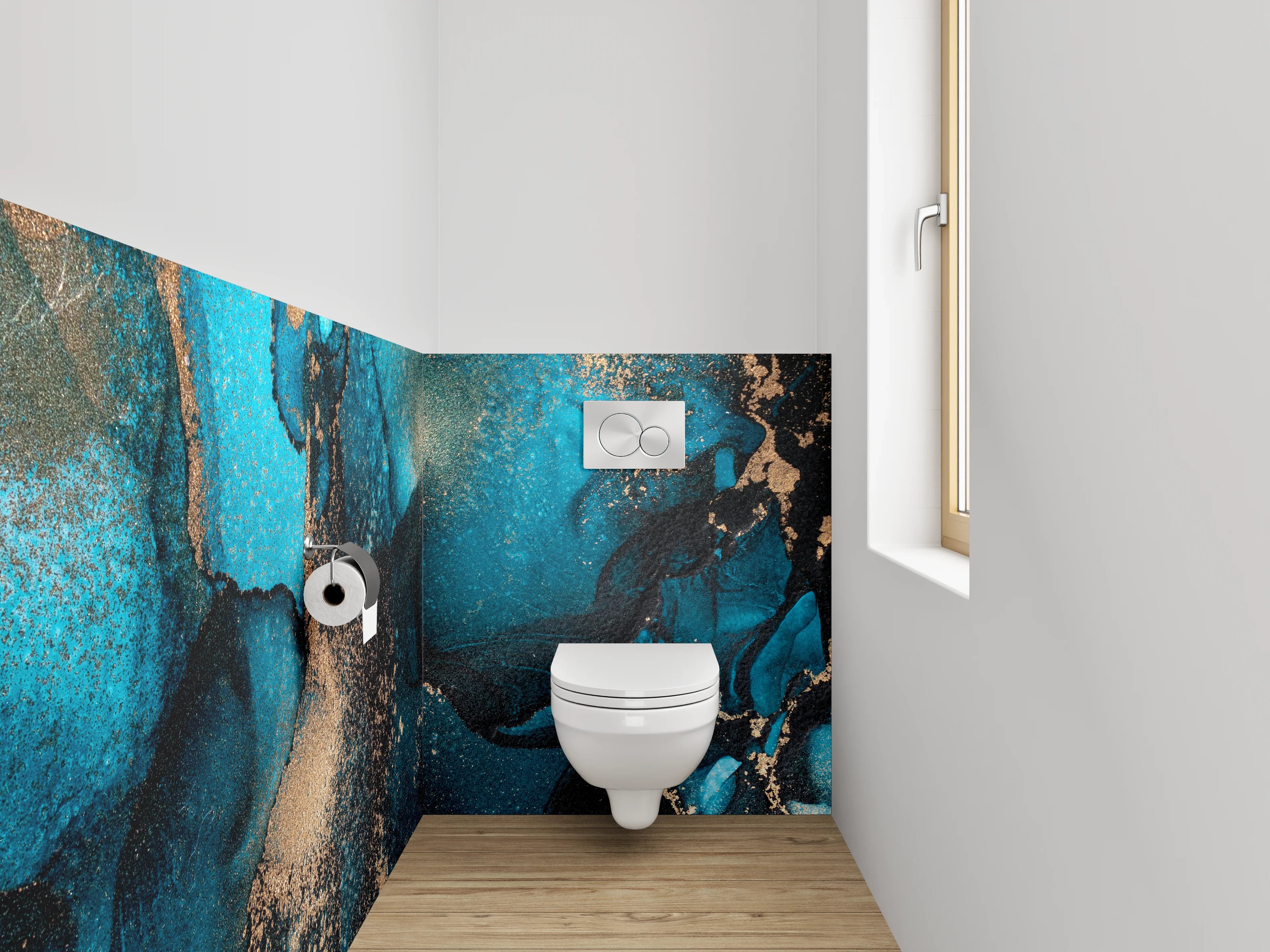 WC-Rückwand - Abstrakte Türkis-Gold Aquarellkunst