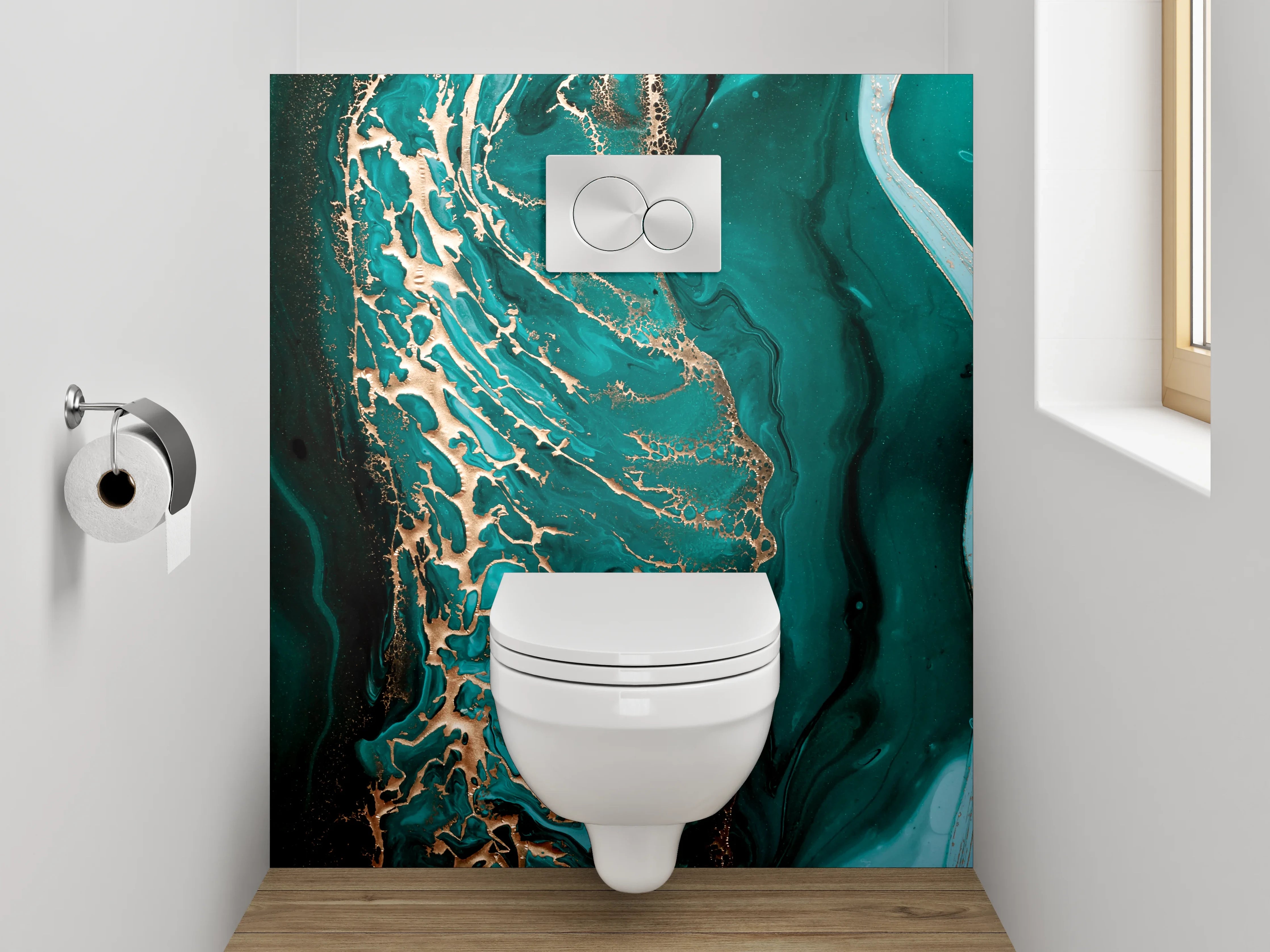 WC-Rückwand - Abstrakte Türkis-Gold Marmor Optik